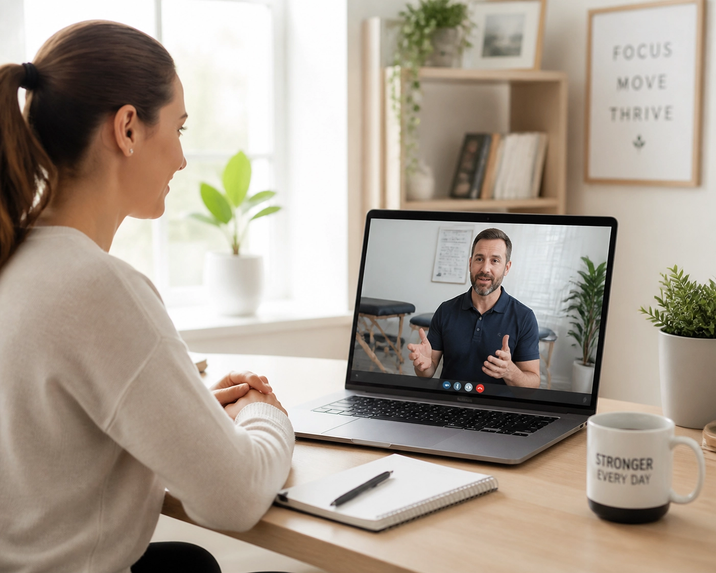 A person in a 1:1 virtual consultation for personalized sciatica relief and body balancing coaching.