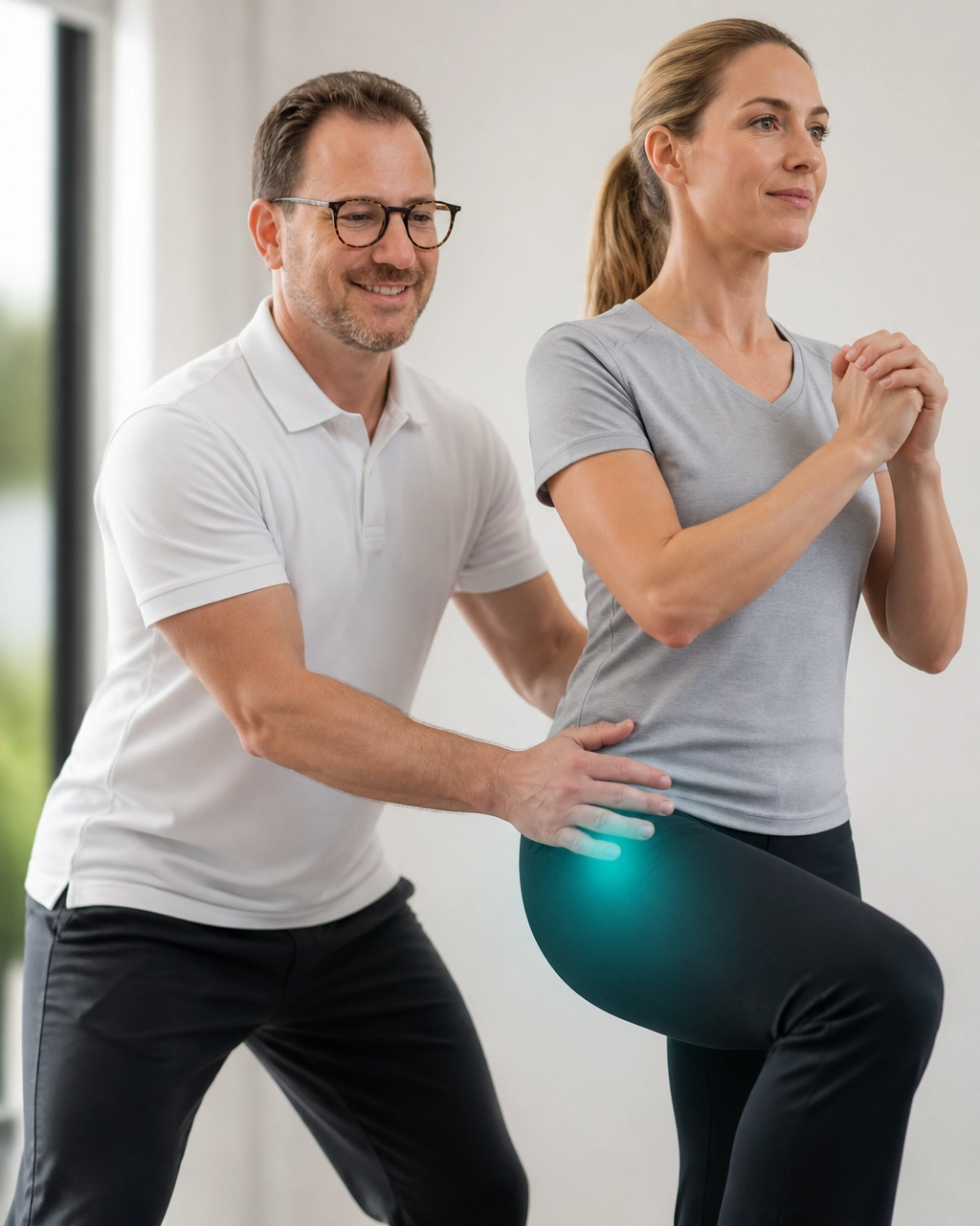 Dean Volk manually guides a client through a gentle standing body-balancing and muscle-activation movement