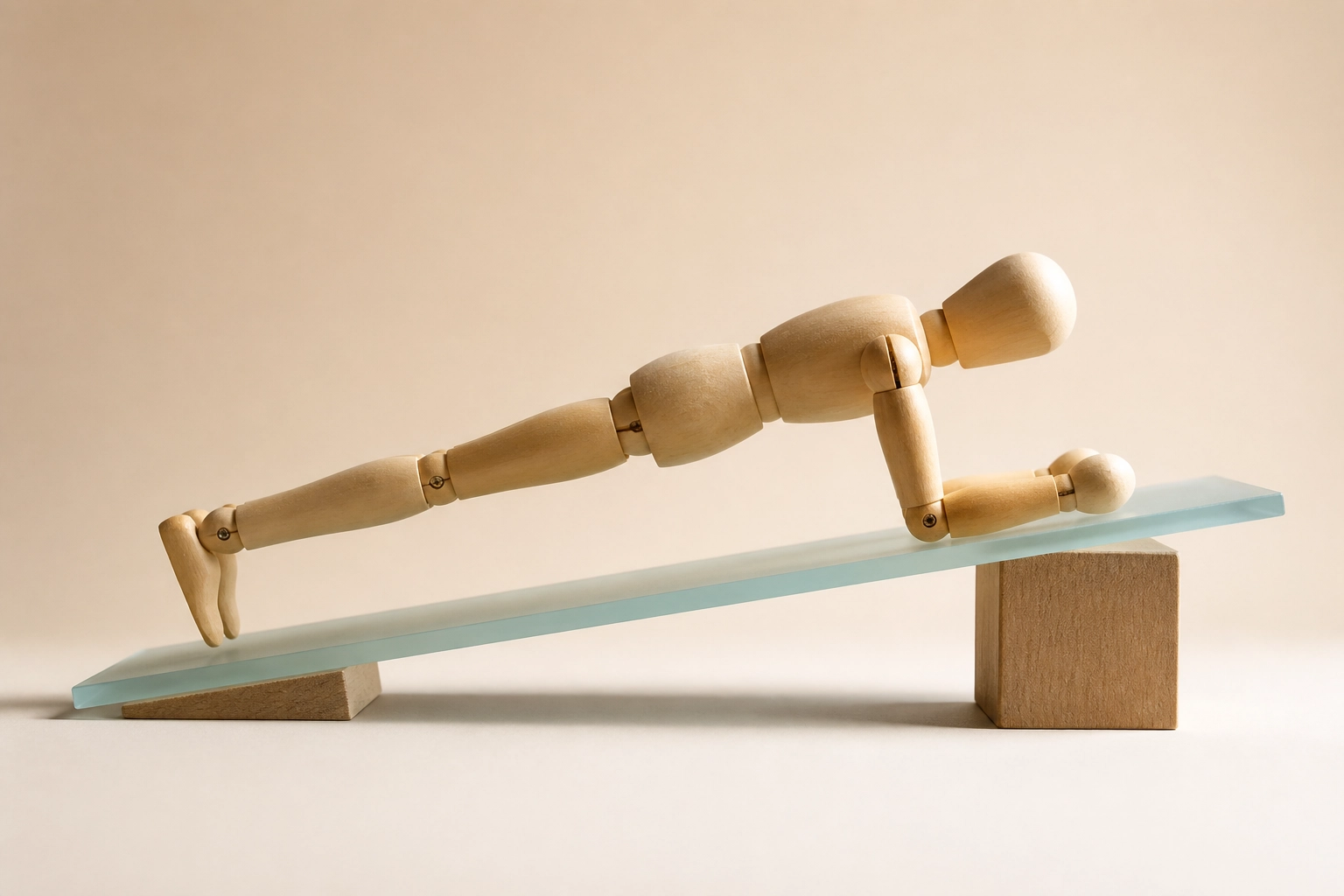 A mannequin doing a plank on an uneven base to illustrate why traditional core exercises flare up sciatica pain.