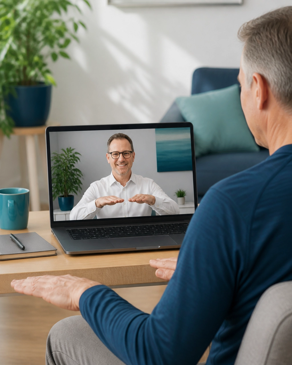 Dean Volk coaching an older adult during a personalized one-to-one Zoom sciatica session