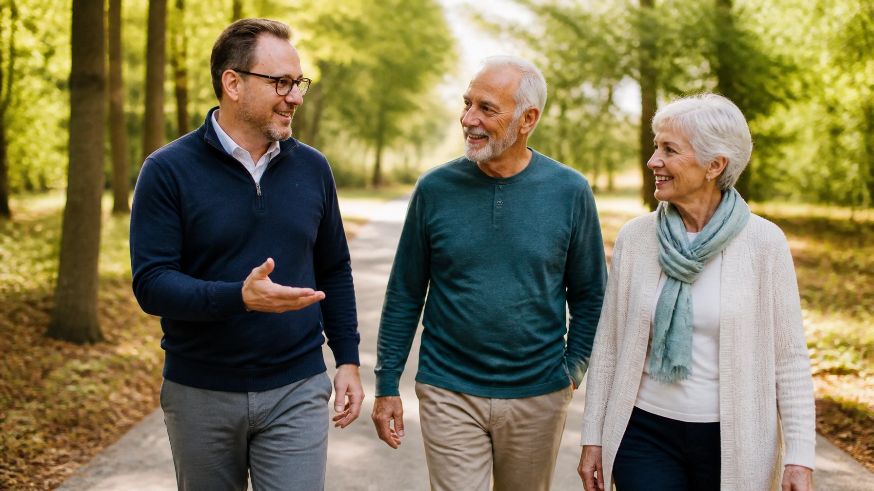 Dean Volk walking outdoors with a smiling couple who are reclaiming normal activities after sciatica relief