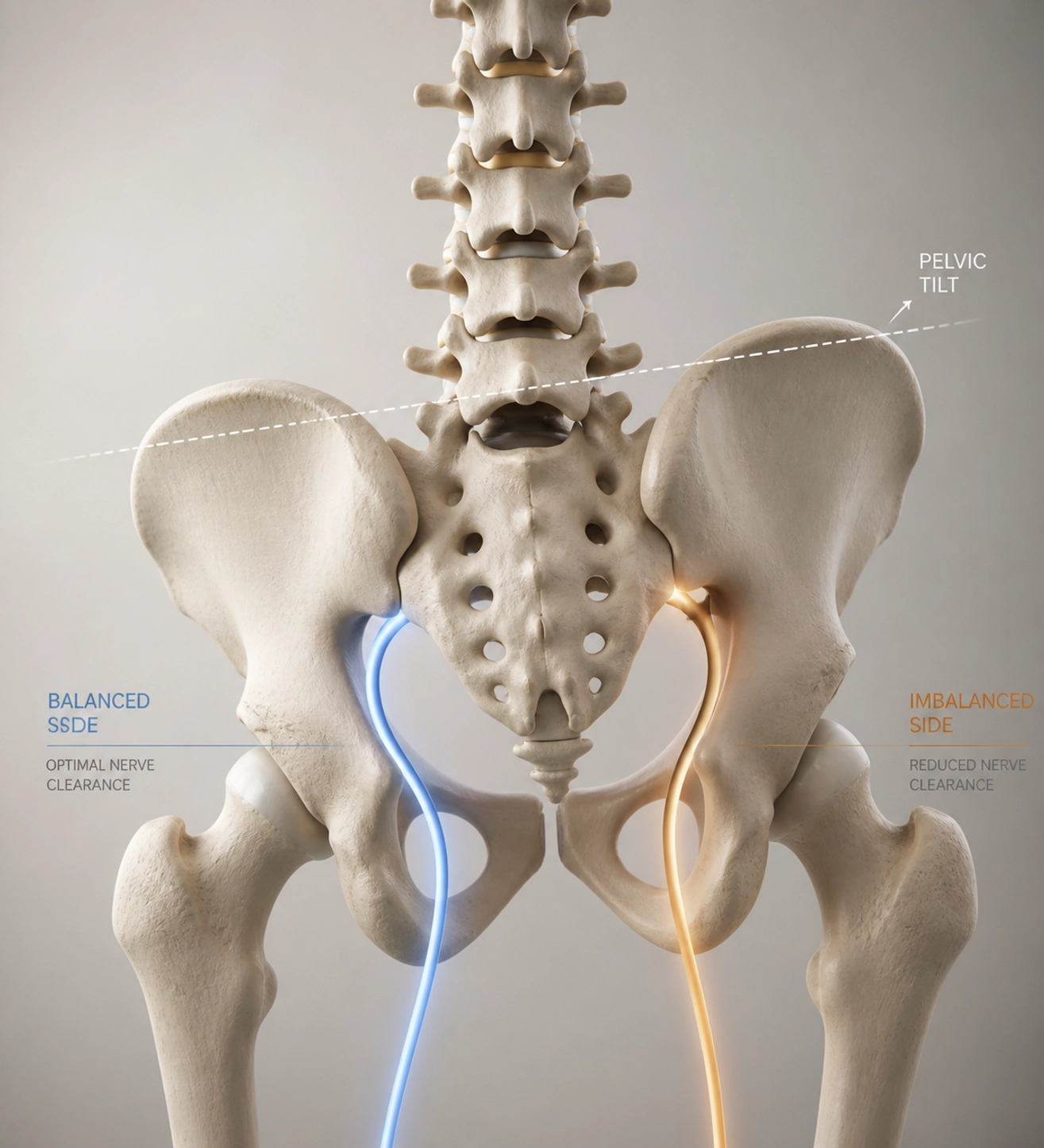 Anatomical illustration of pelvic imbalance and spinal misalignment causing sciatic nerve pressure.