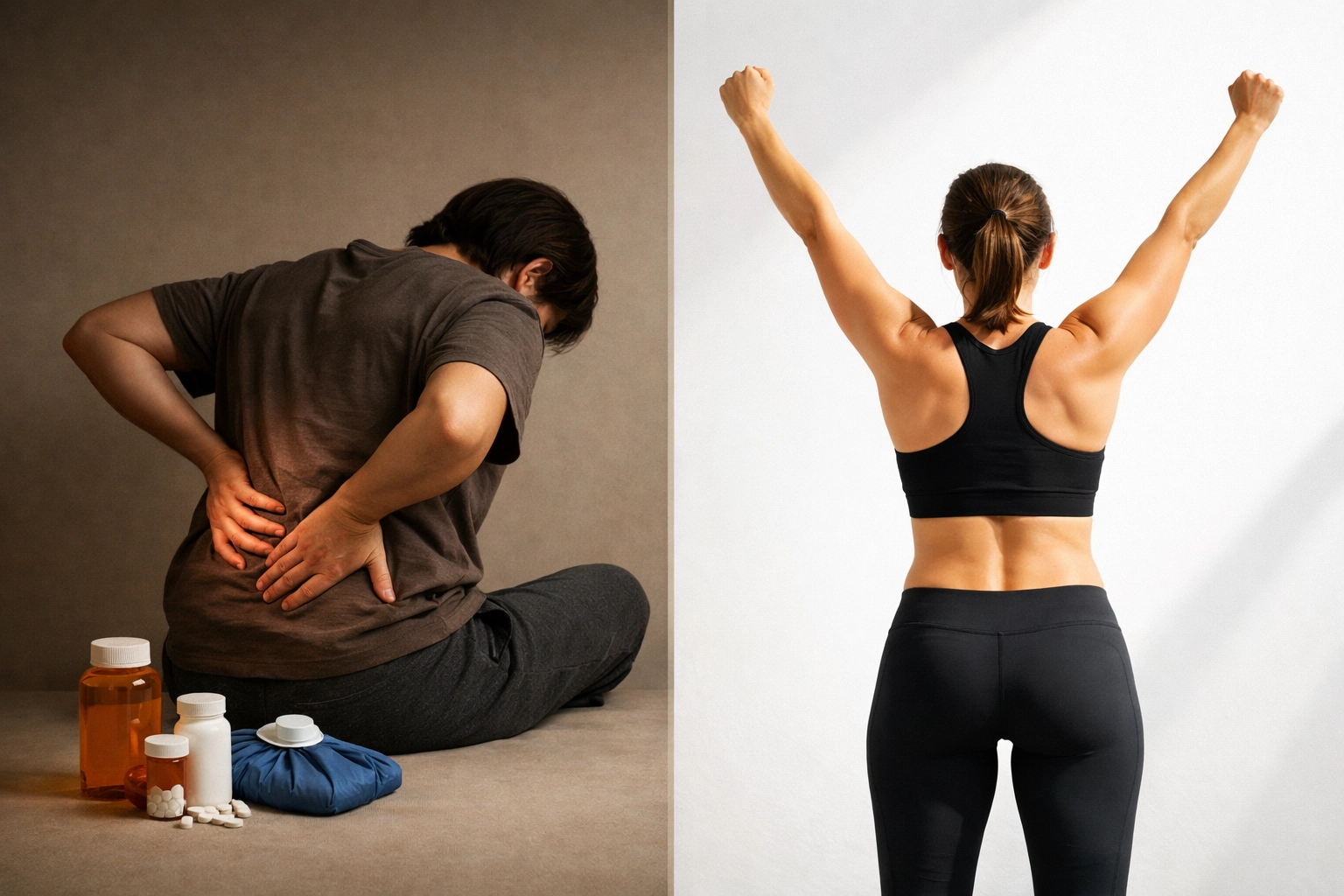 Before and after sciatica relief: person in pain with medications versus standing pain-free