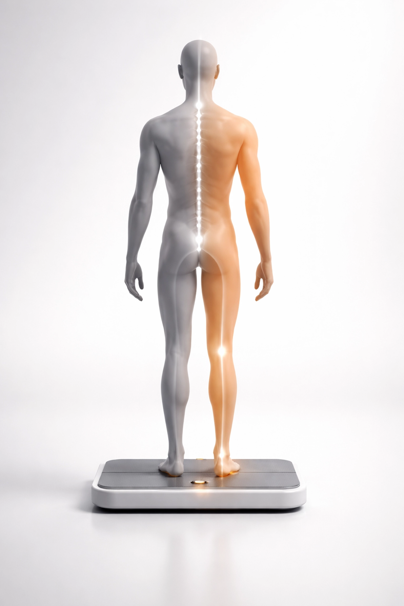Human silhouette with highlighted body imbalance, emphasizing clinical assessment for sciatica relief