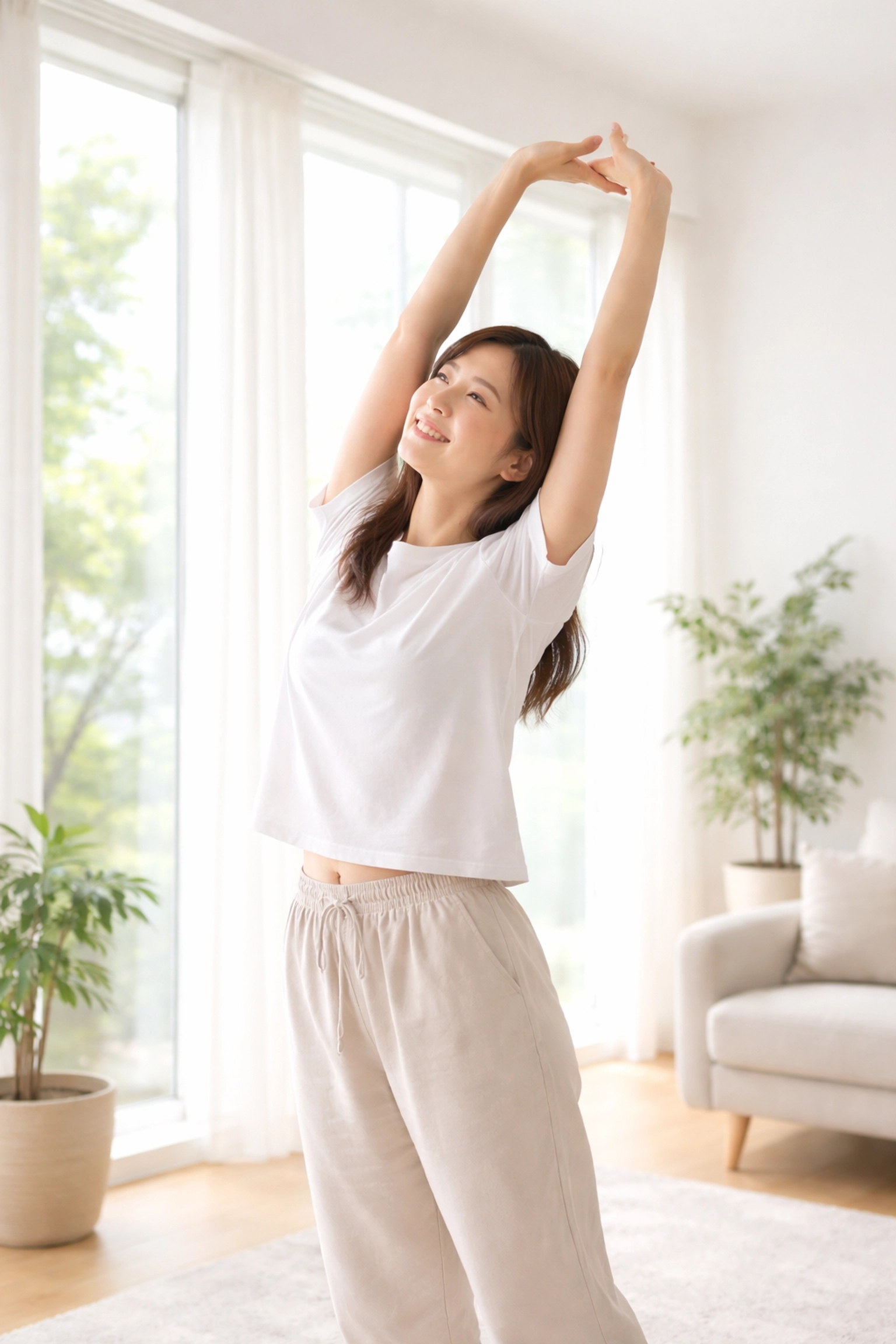 Person stretching in a bright, peaceful home, representing natural recovery from sciatica symptoms