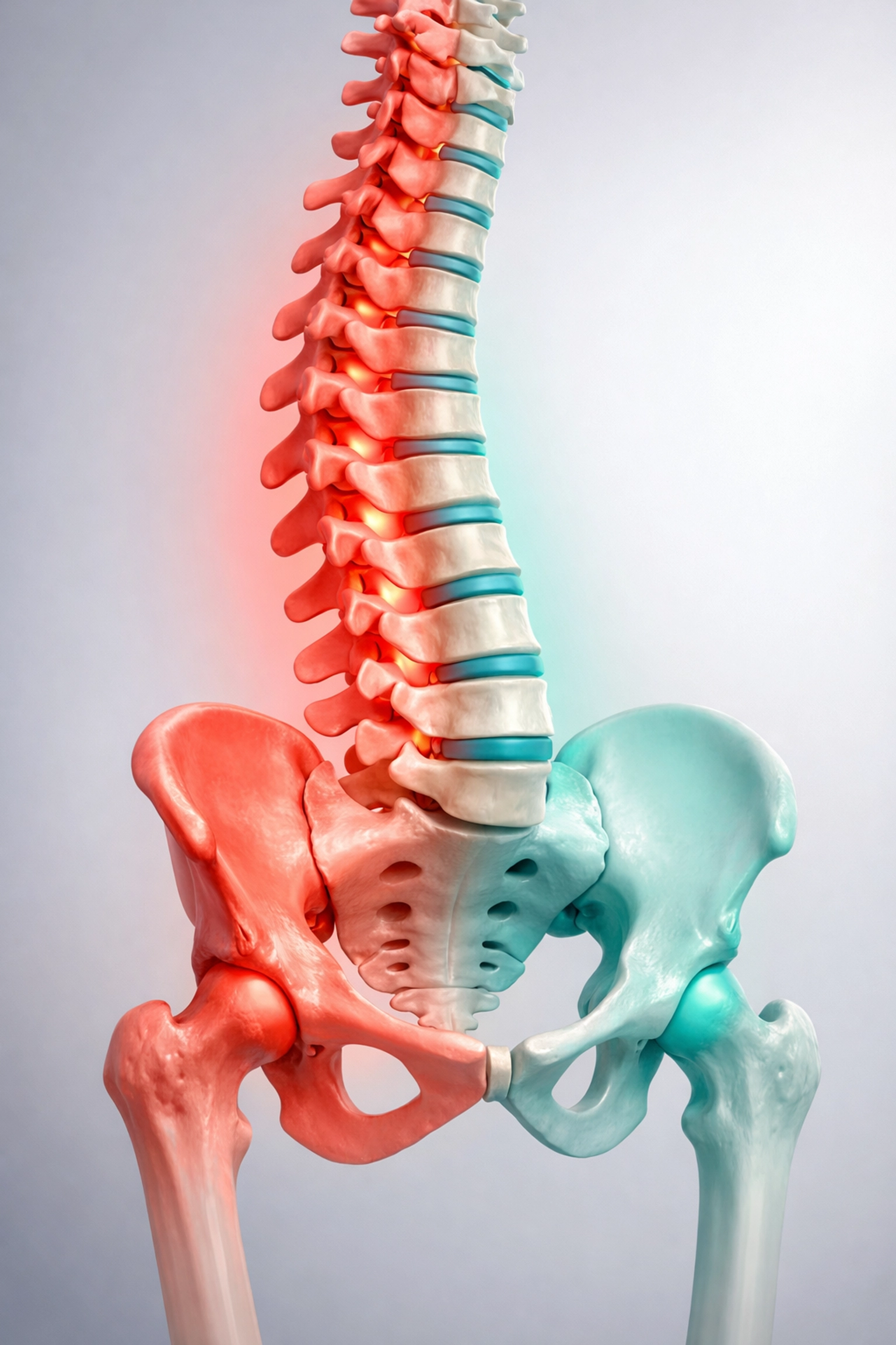 Spine and pelvis showing inflammation versus proper alignment in sciatica treatment
