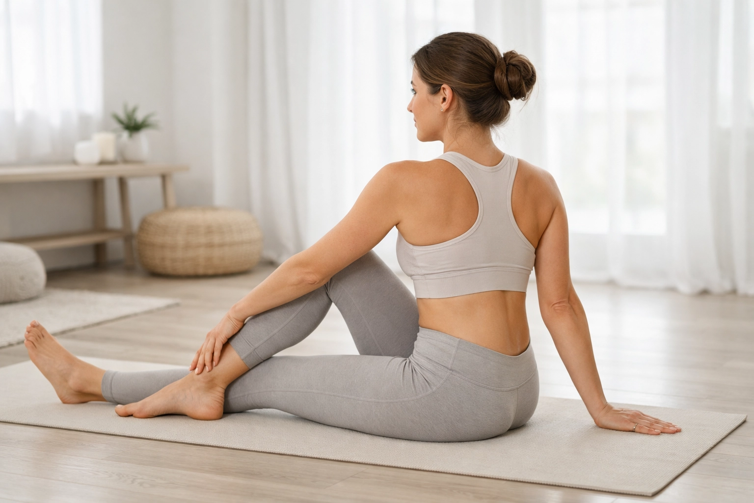 Person performing gentle spinal stretch for sciatica relief on yoga mat with proper form