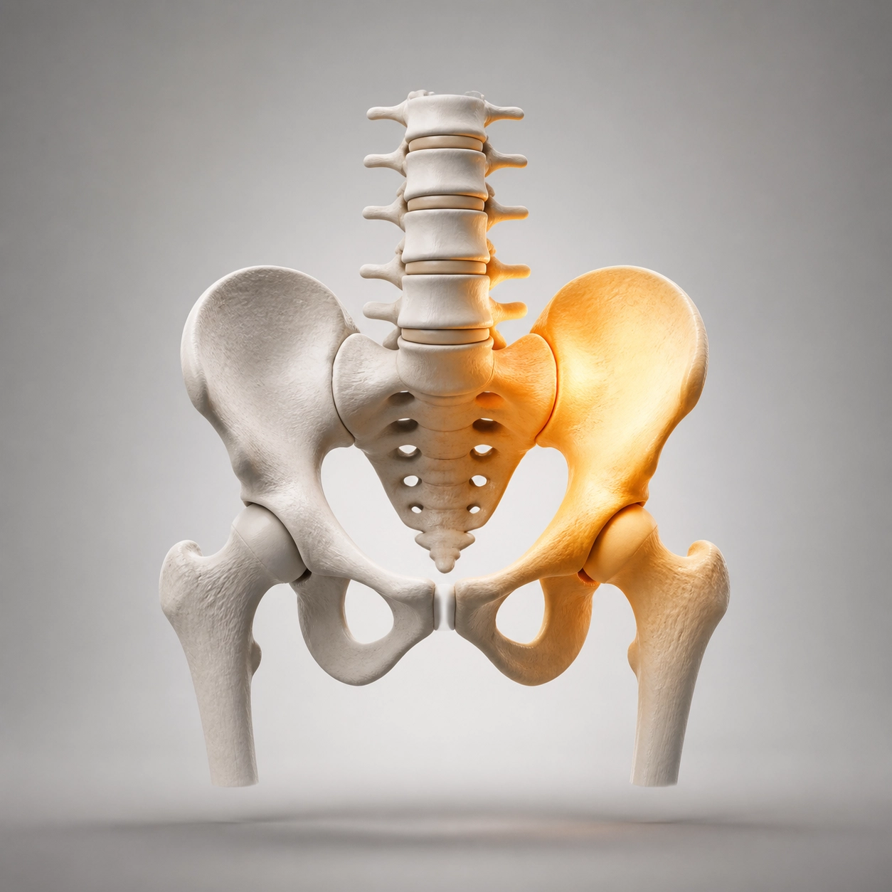 Anatomical model of a human spine and pelvis highlighting body imbalances that cause sciatica pain.