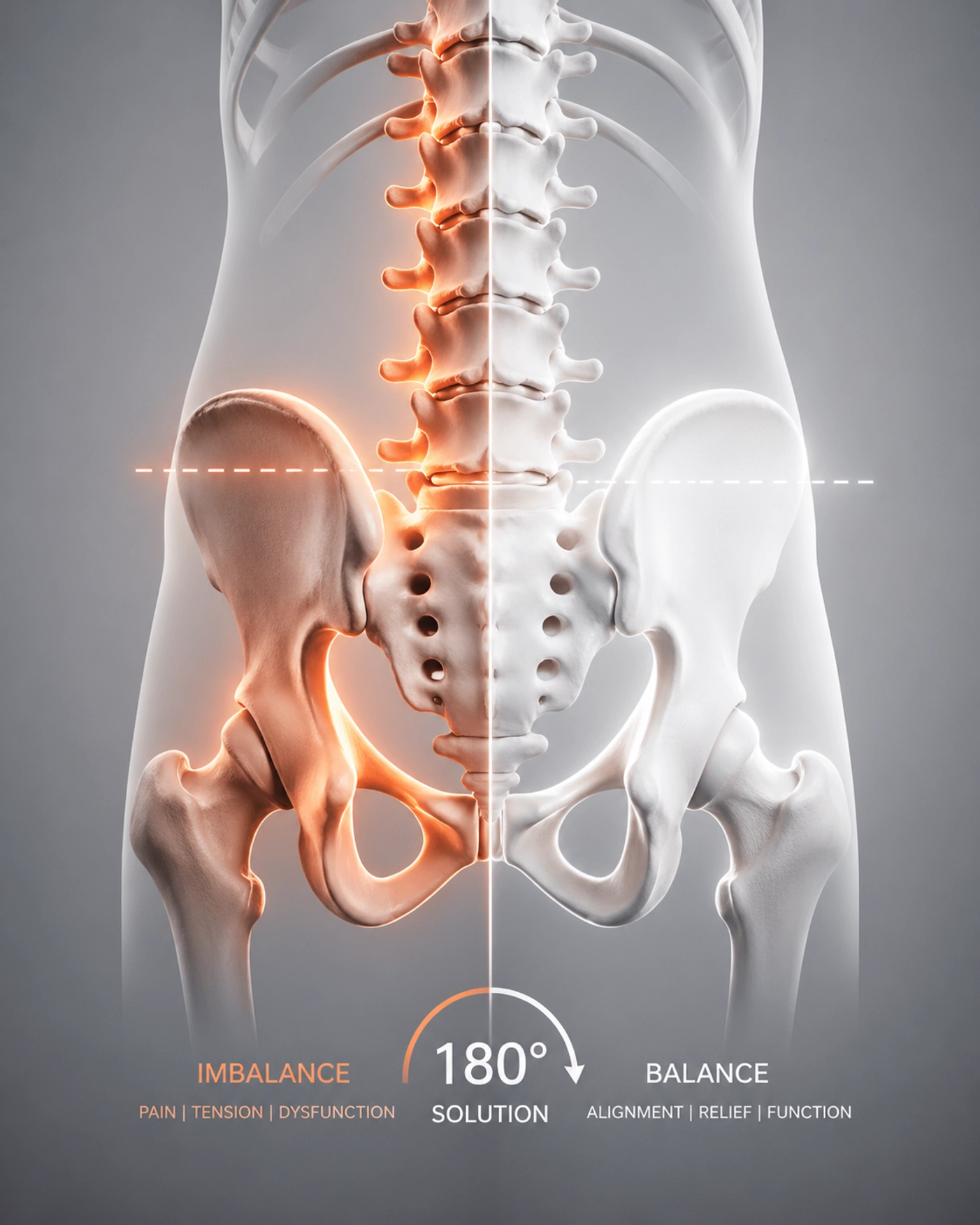 Visualizing pelvic alignment and body balancing for the 180° Solution sciatica relief approach.
