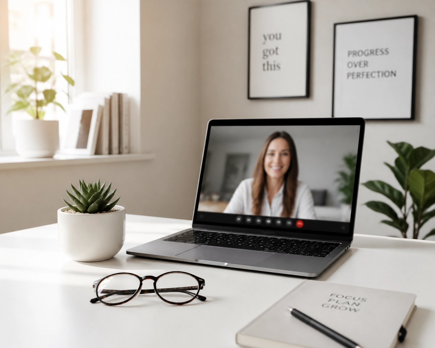 A laptop displaying a virtual 1:1 coaching session for the Sciatica Proof Lab program.