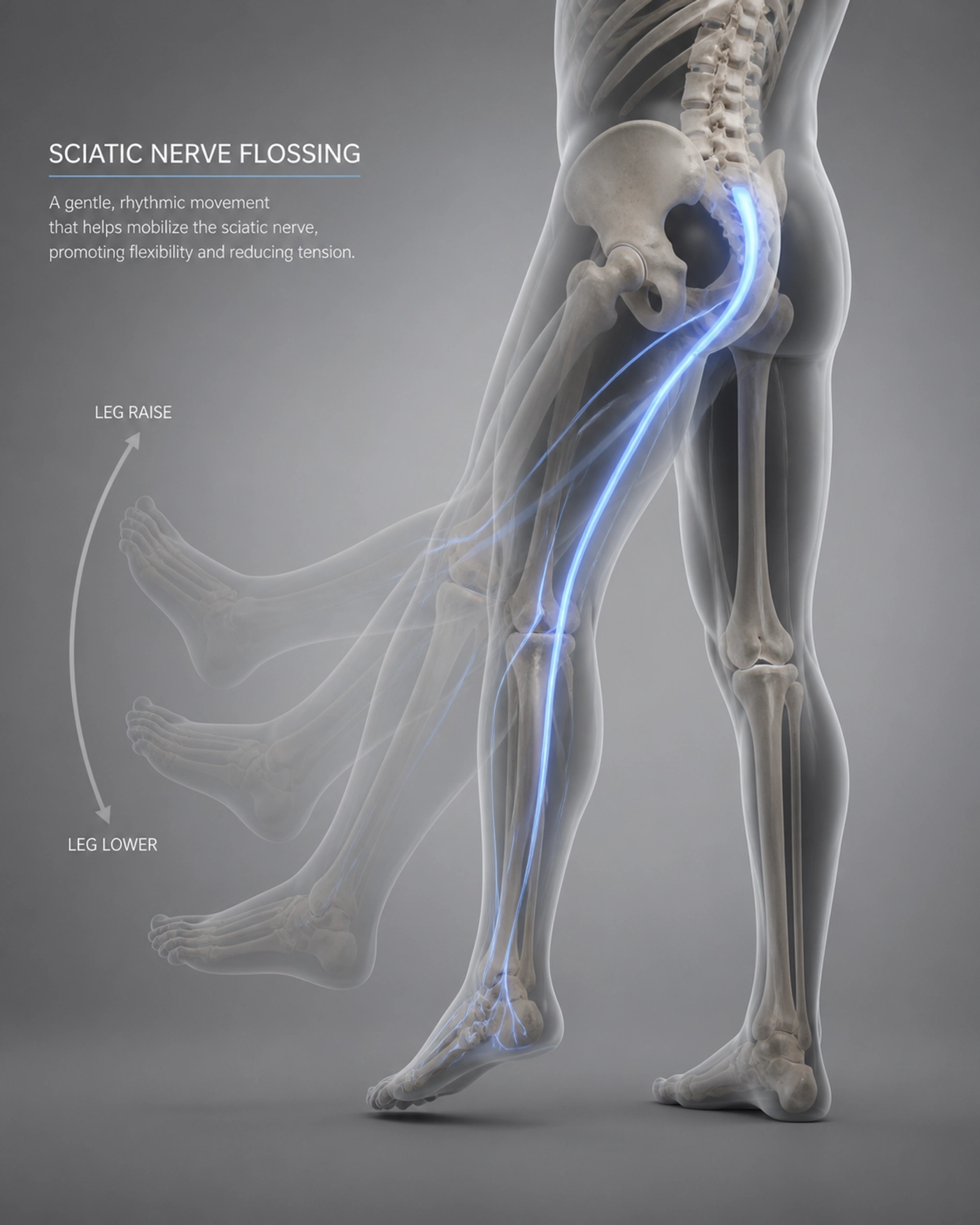 Anatomical view of the sciatic nerve path showing dynamic movement for effective nerve flossing.