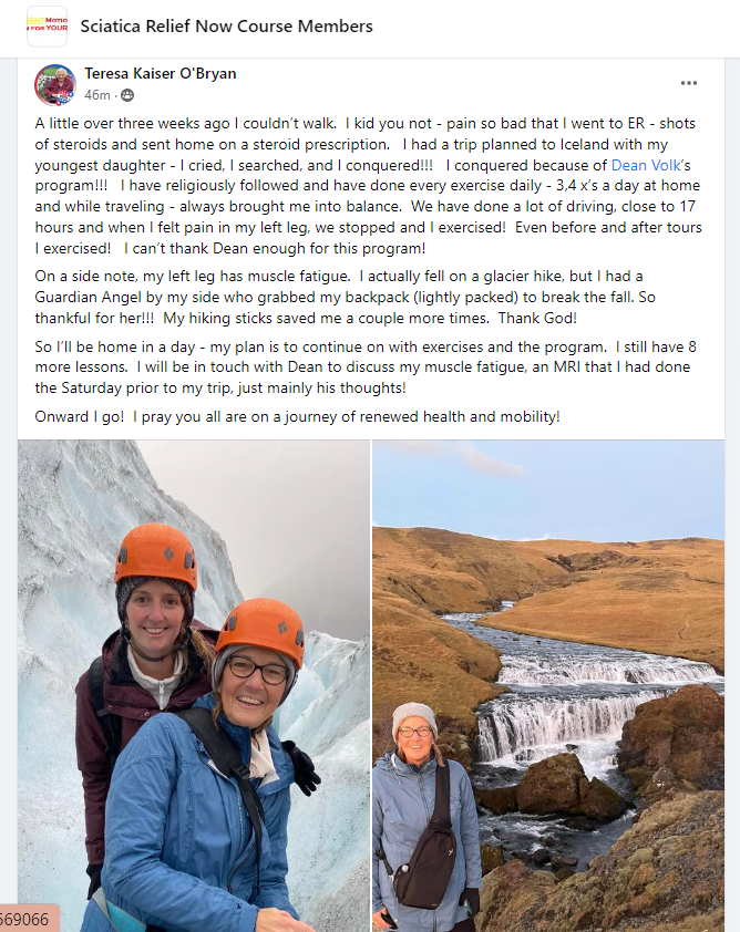 Success story of a woman hiking in Iceland after breaking her sciatica with Dean Volk's 180-degree solution