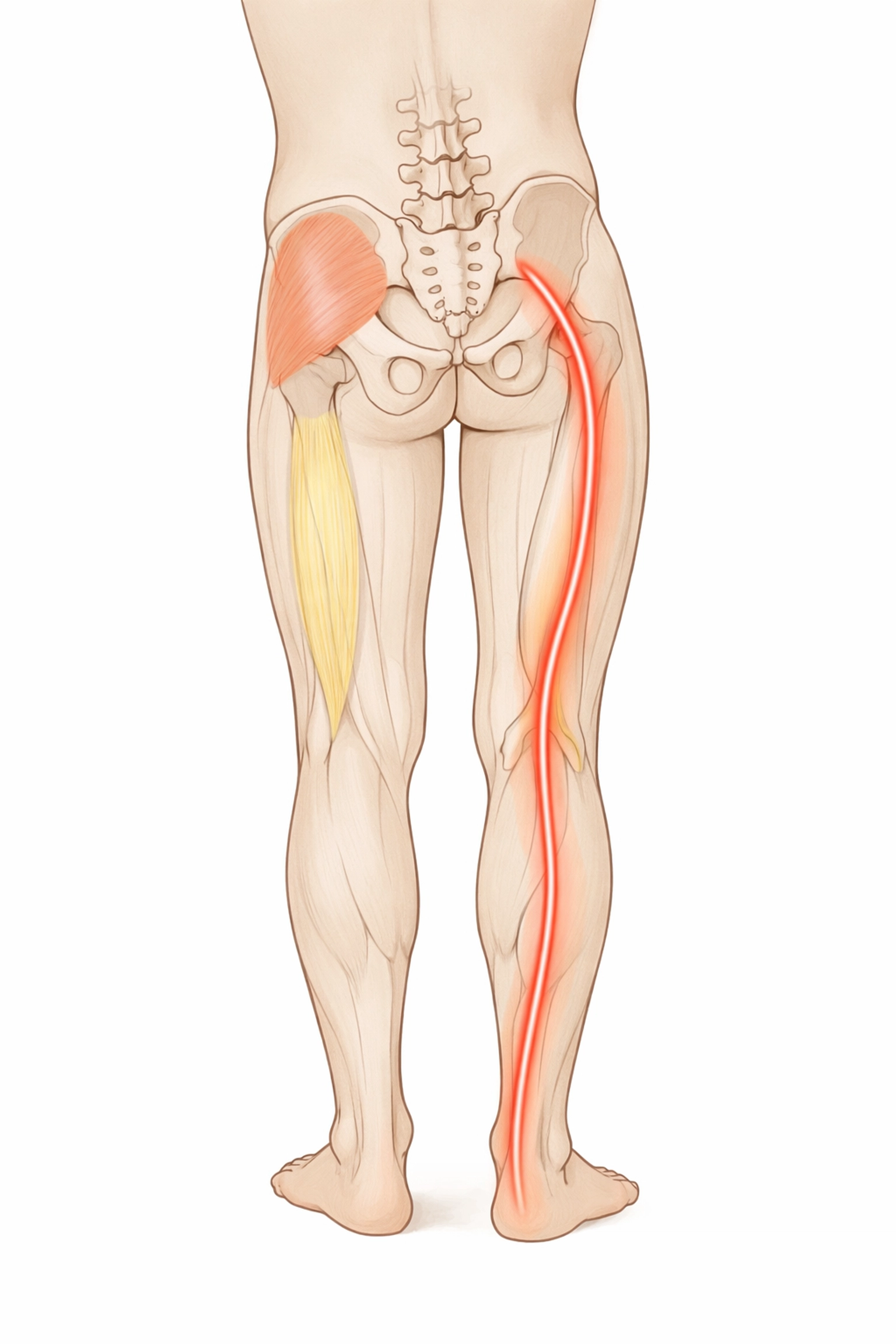 Anatomical diagram highlighting muscle imbalances and sciatic nerve pathway causing recurring pain