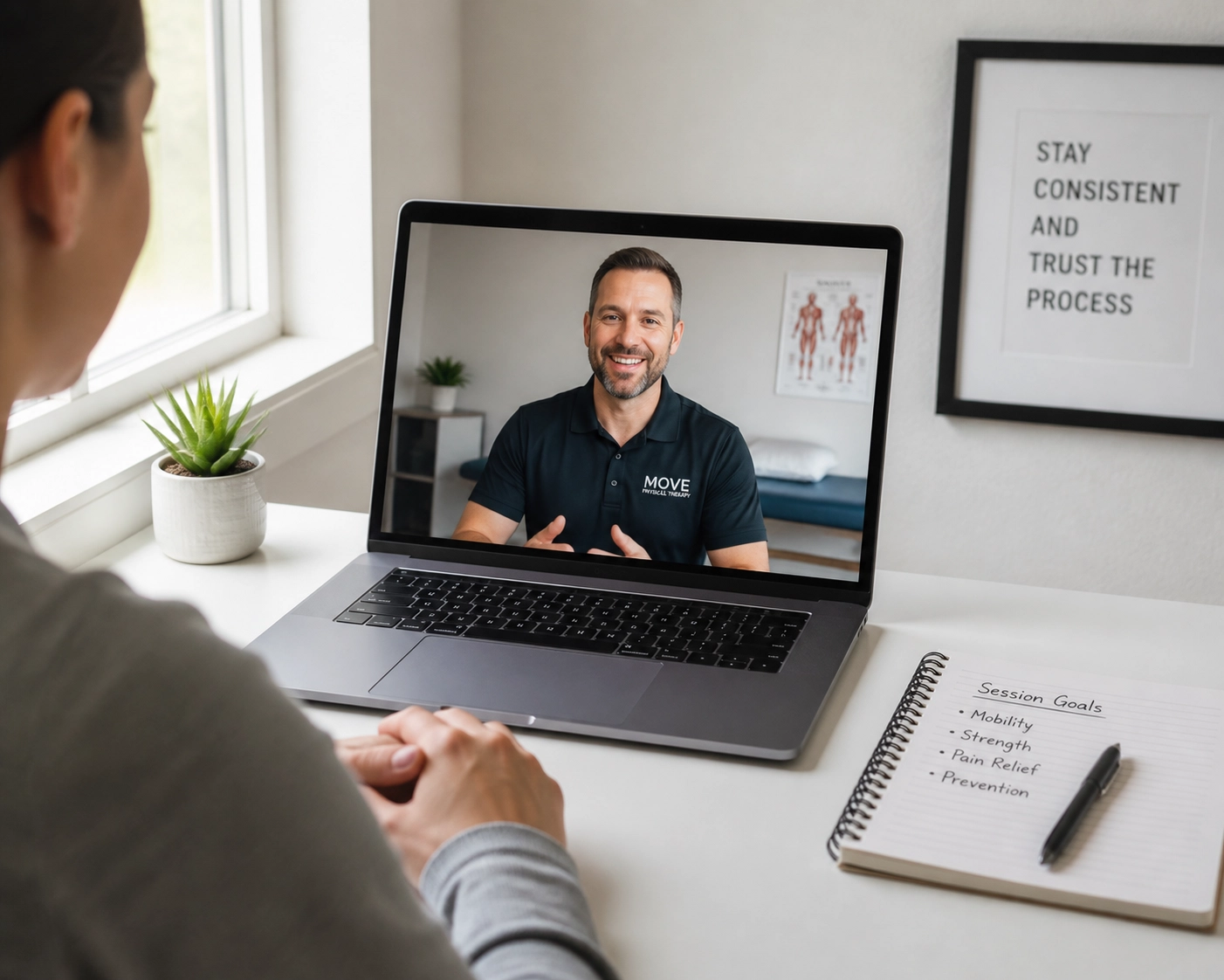 A physical therapist conducting a 1:1 Zoom coaching session for personalized sciatica relief.