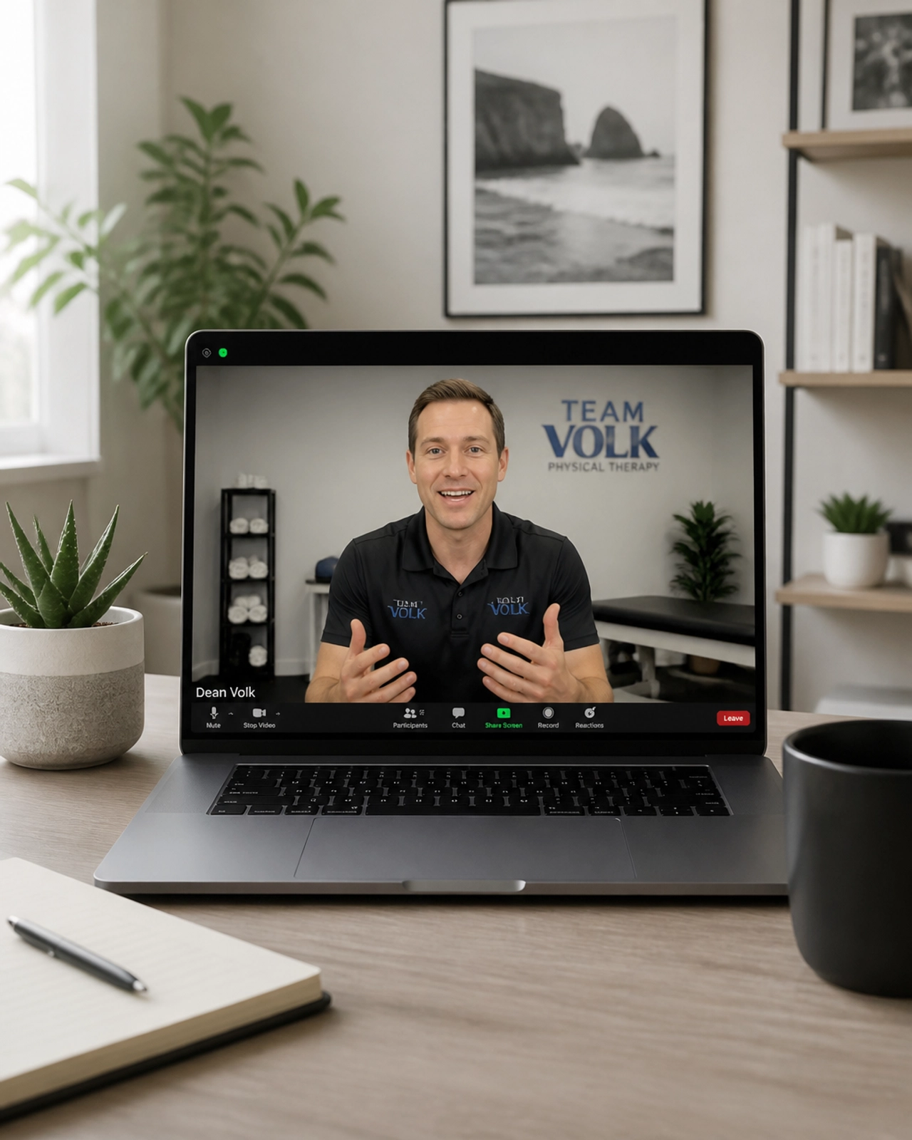 A laptop screen showing a personalized 1:1 Zoom call with Dean Volk, representing the Sciatica Proof Lab experience.