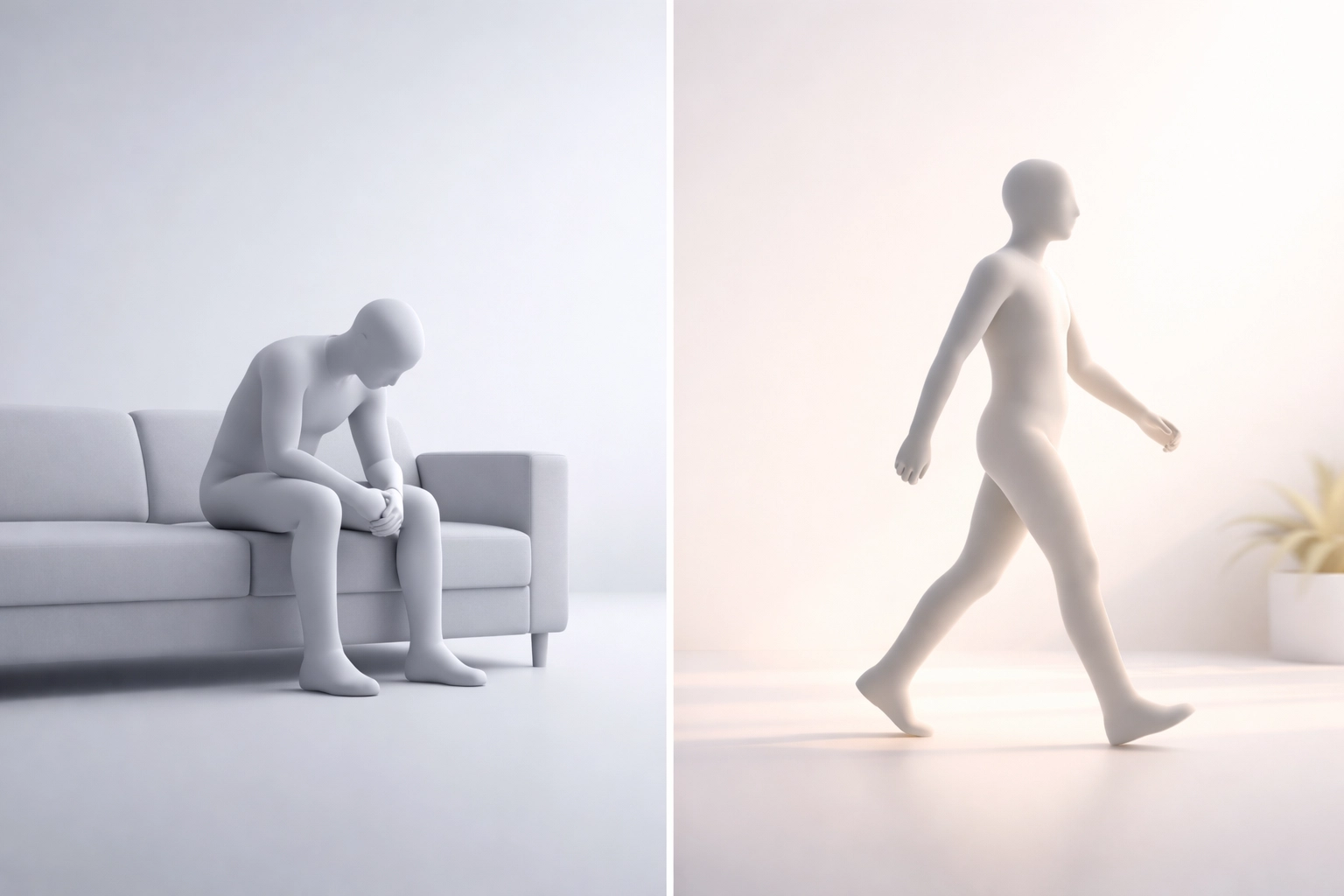 Comparison showing how movement aids sciatica recovery while prolonged rest worsens pain