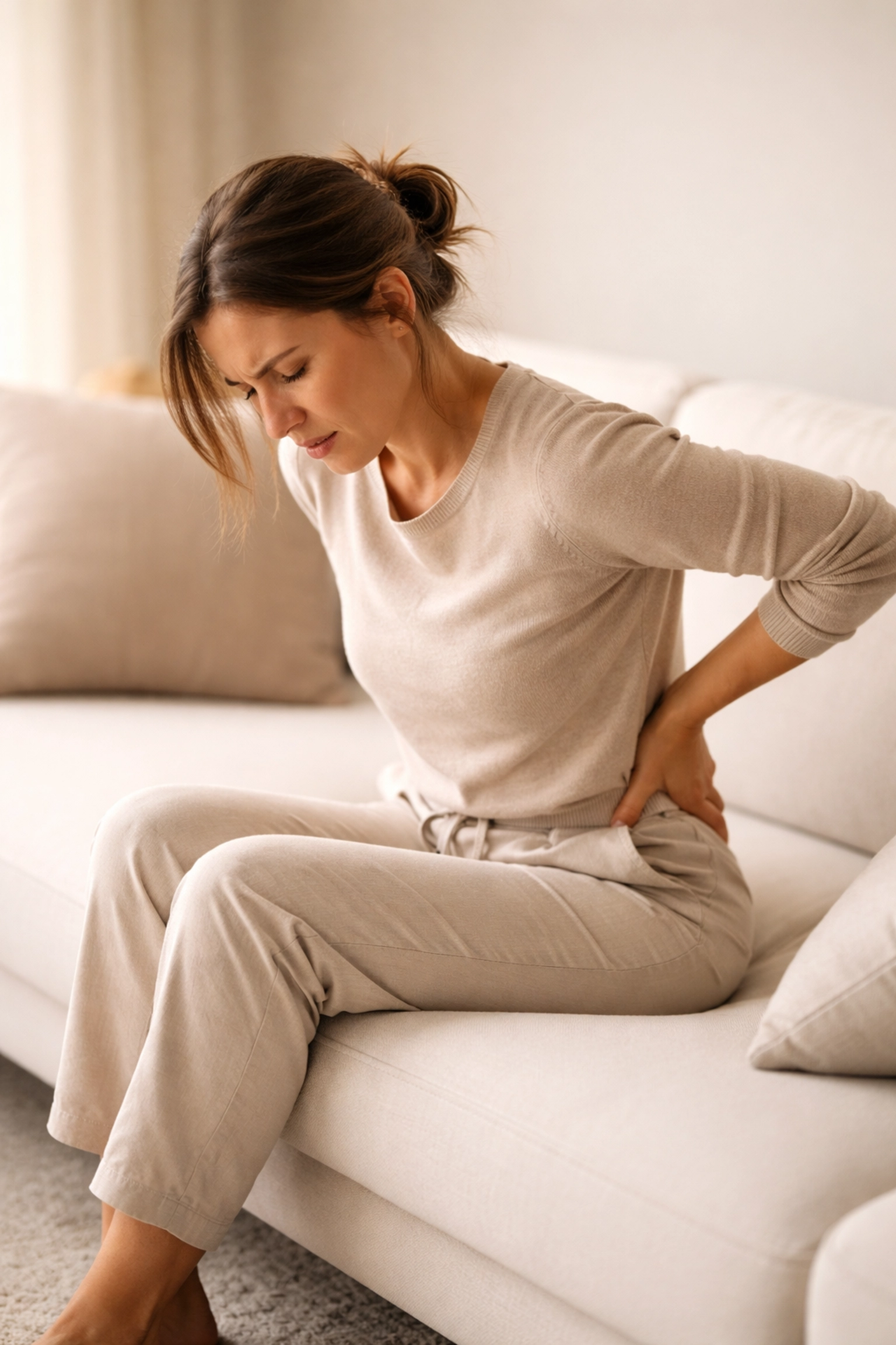 Person sitting on couch holding lower back, showing sciatica discomfort and frustration