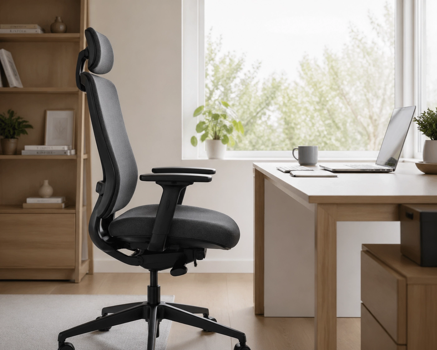 Supportive ergonomic office chair positioned for proper pelvic alignment to relieve sciatica pain.