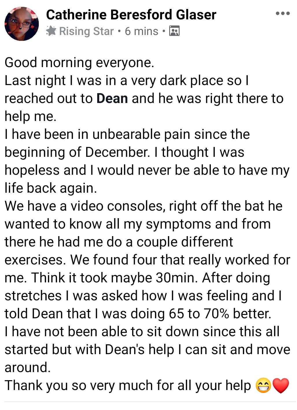Client testimonial detailing significant relief from unbearable sciatica pain following a virtual consultation