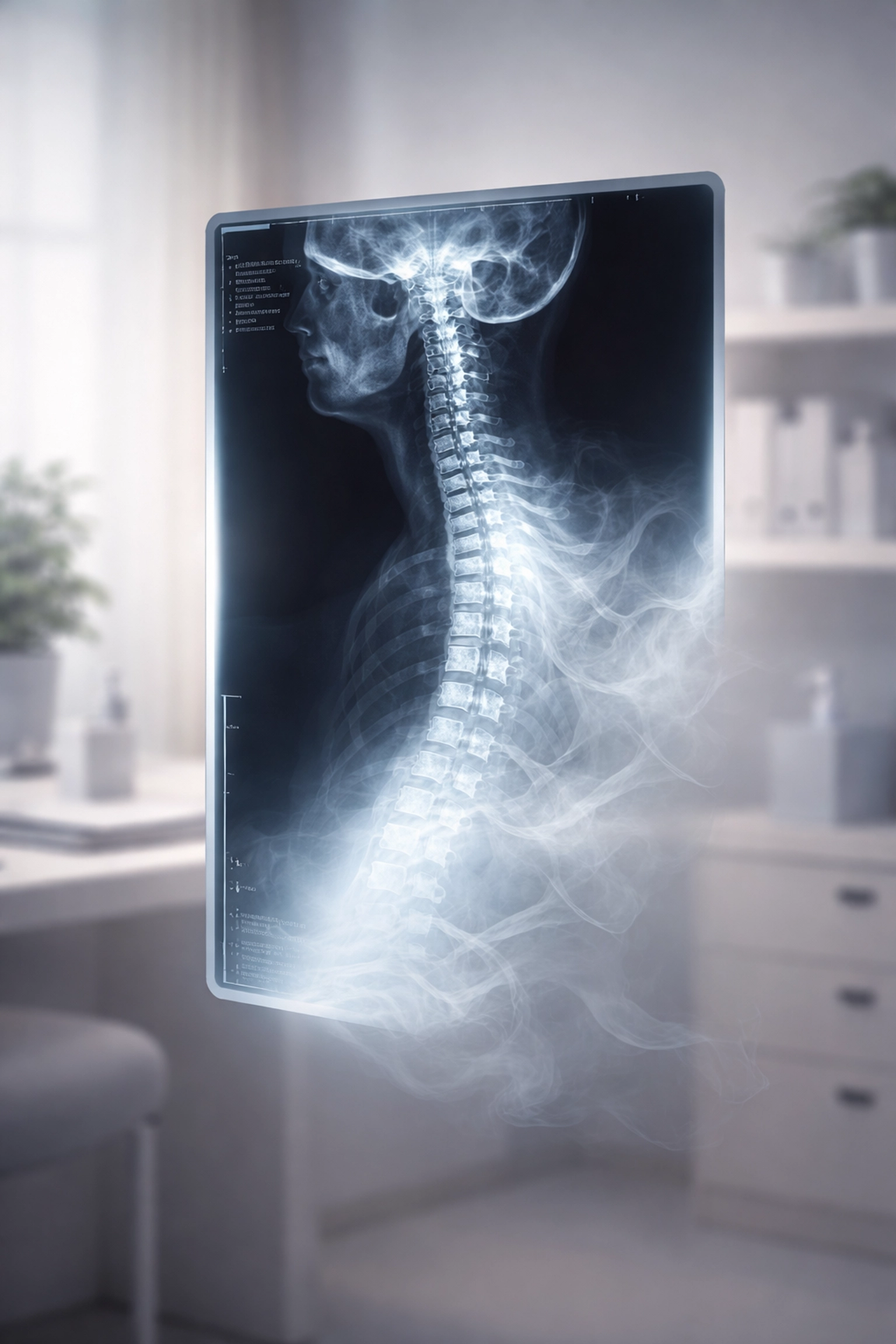 MRI scan of a human spine fading into wisps, highlighting uncertainty in sciatica diagnosis