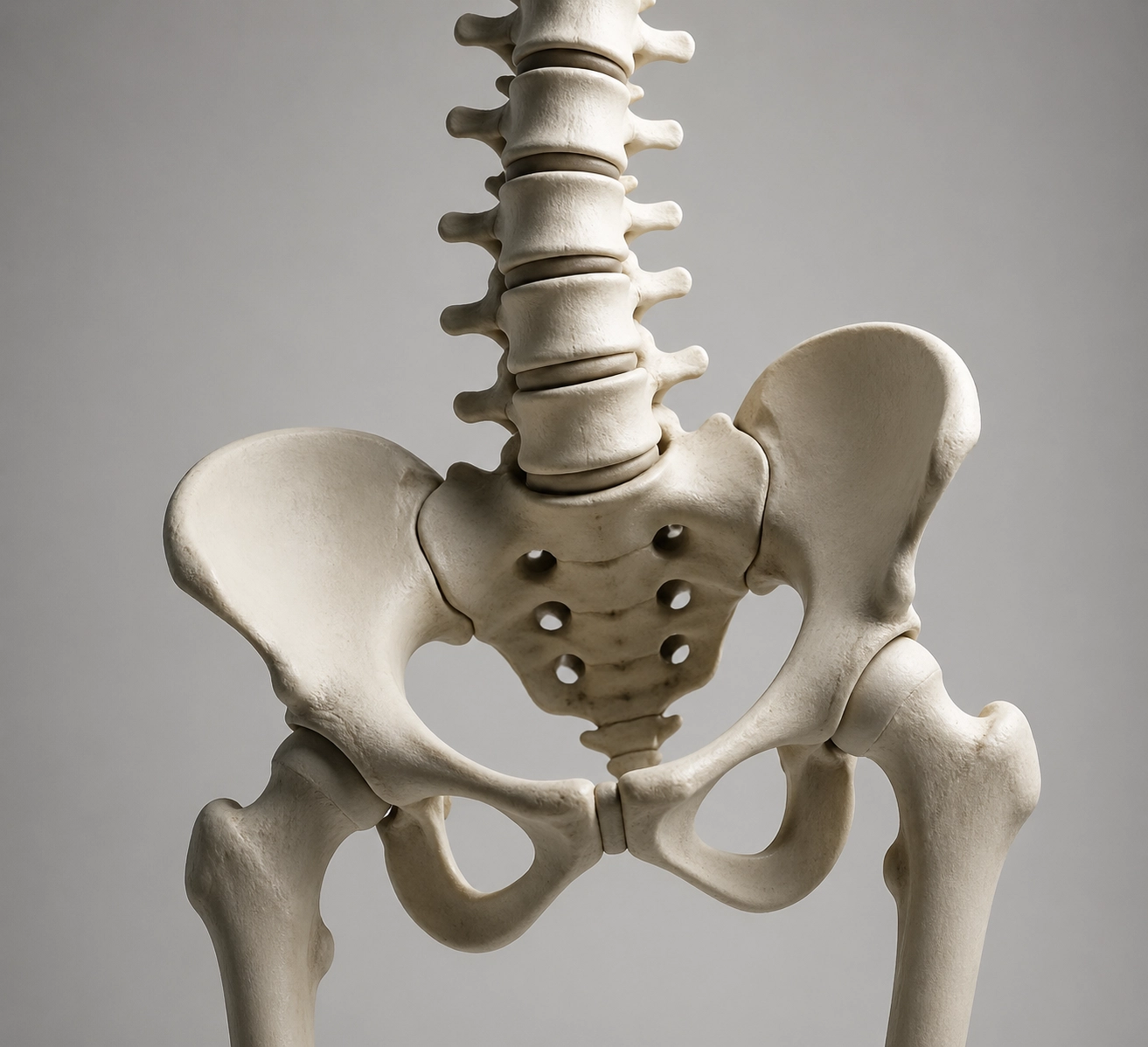 Anatomical skeletal model showing a pelvic tilt and spinal imbalance causing mechanical sciatica pain.