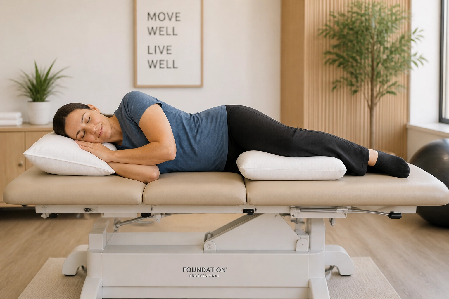 Patient in a supported side-lying position achieving spine and pelvis alignment for sciatica relief.