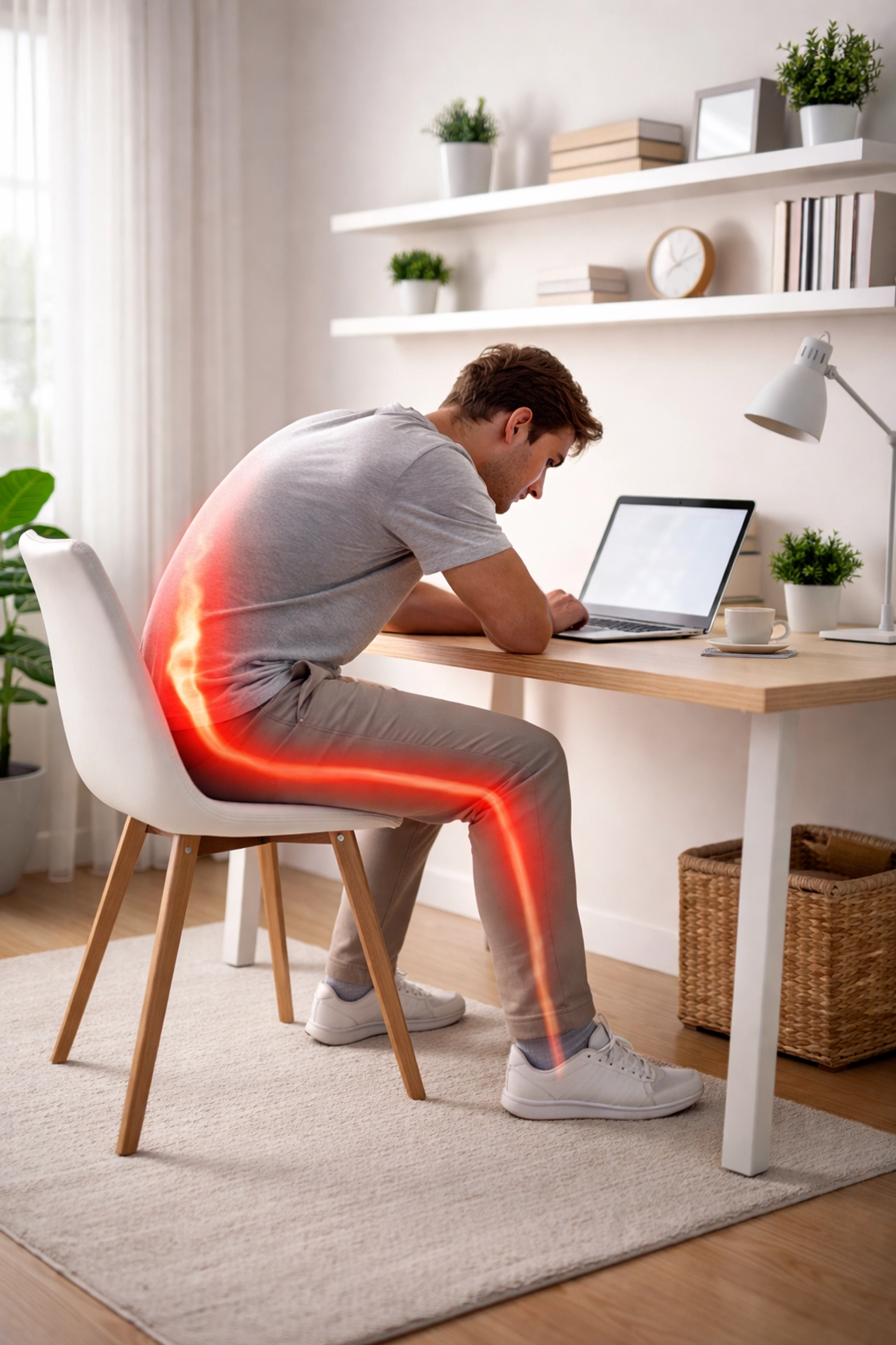 Desk worker with poor posture at home office desk showing sciatic nerve irritation in lower back and leg