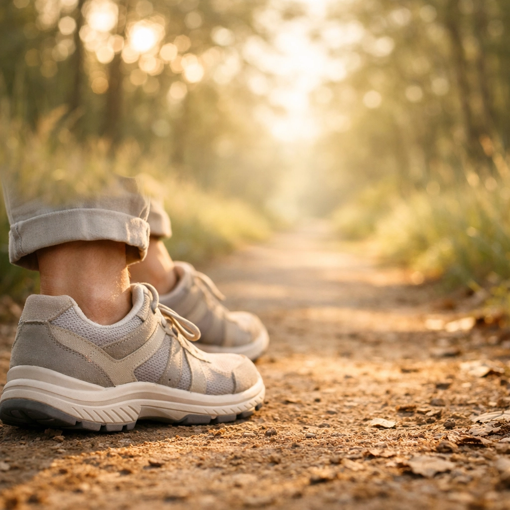 Walking shoes on peaceful trail representing pain-free sciatica recovery