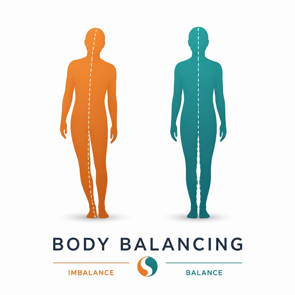 A professional and minimalist graphic representing 'Body Balancing' with two abstract silhouettes showing imbalance versus balance.