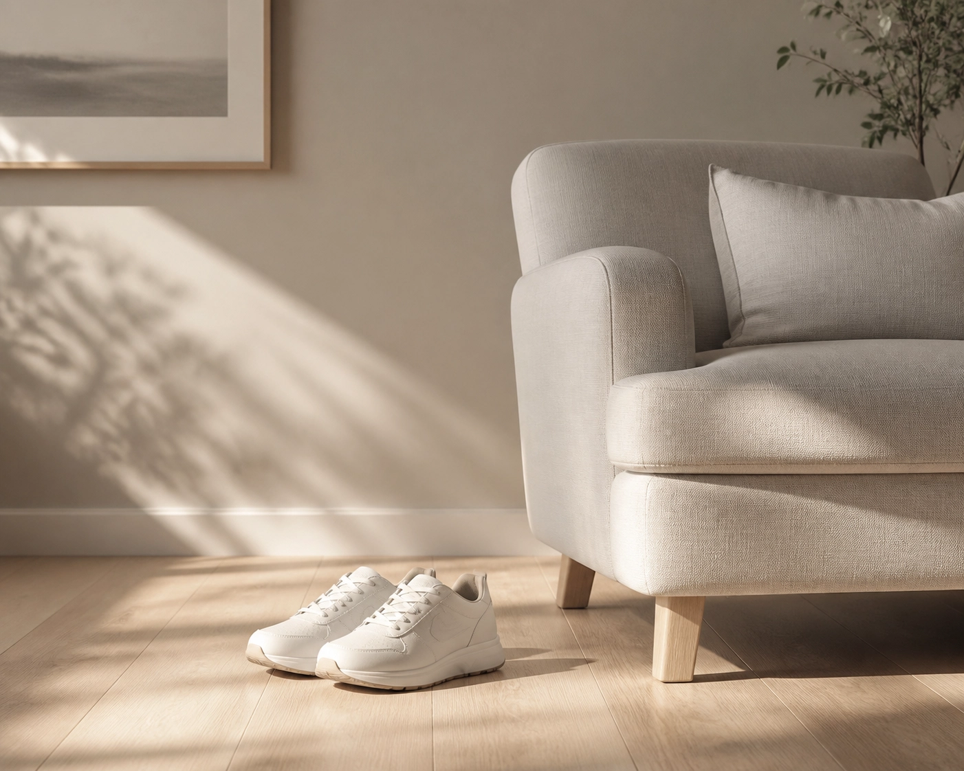 Walking shoes next to an armchair, symbolizing the transition from sciatica rest to active movement for relief.