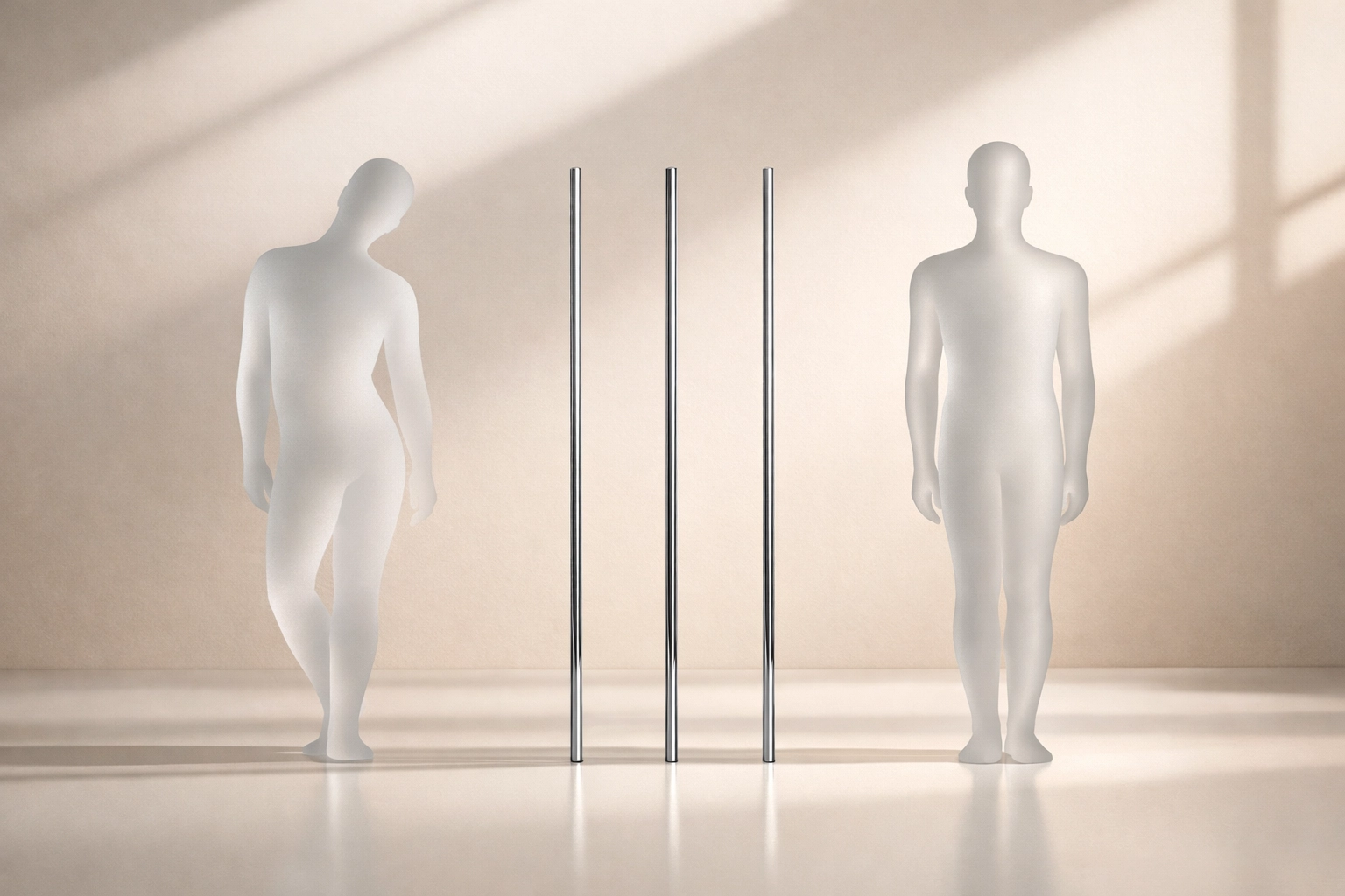 Human silhouette transitioning from a painful tilt to balanced alignment for 3-day sciatica relief.