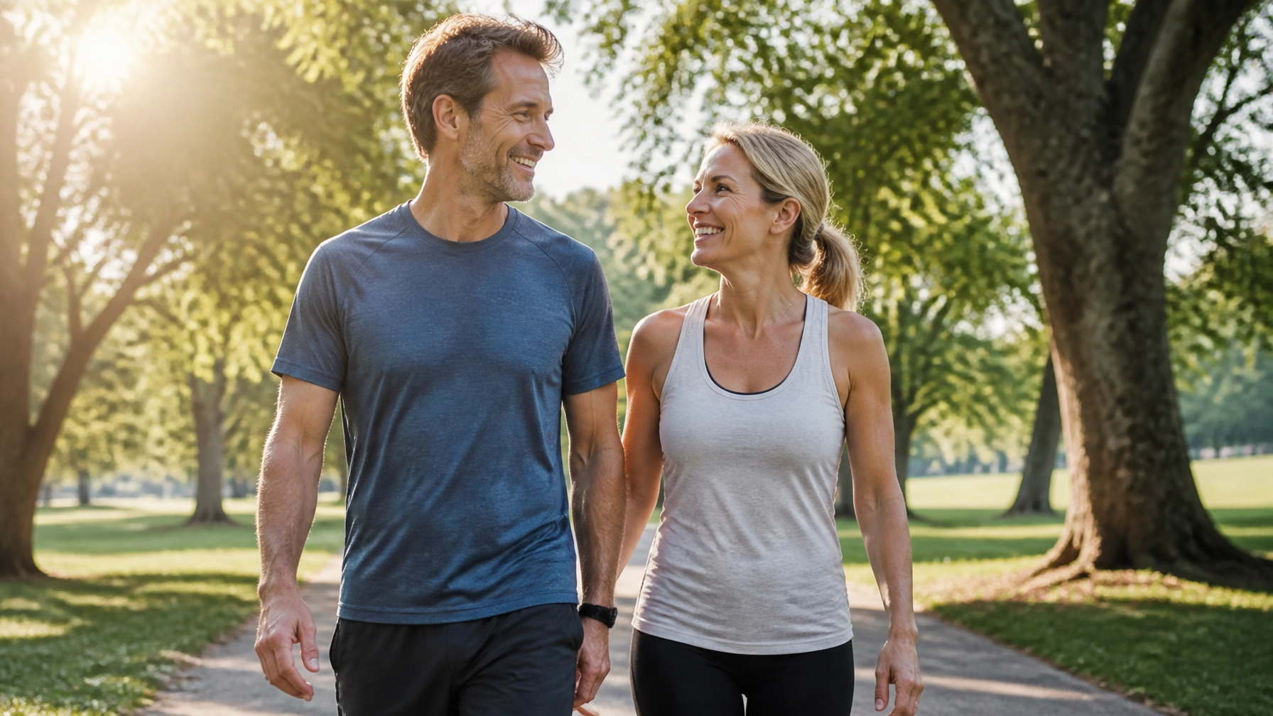 A happy, pain-free couple walking in a park, reclaiming their life