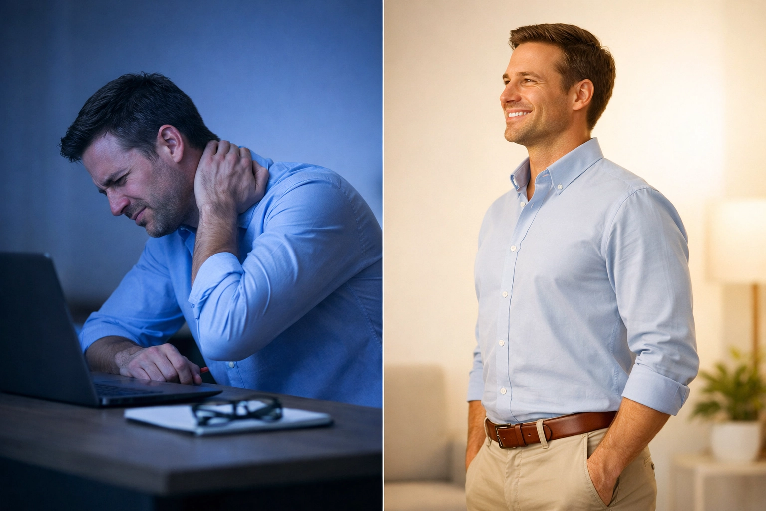 Comparison showing poor posture causing sciatica pain versus proper body alignment providing relief