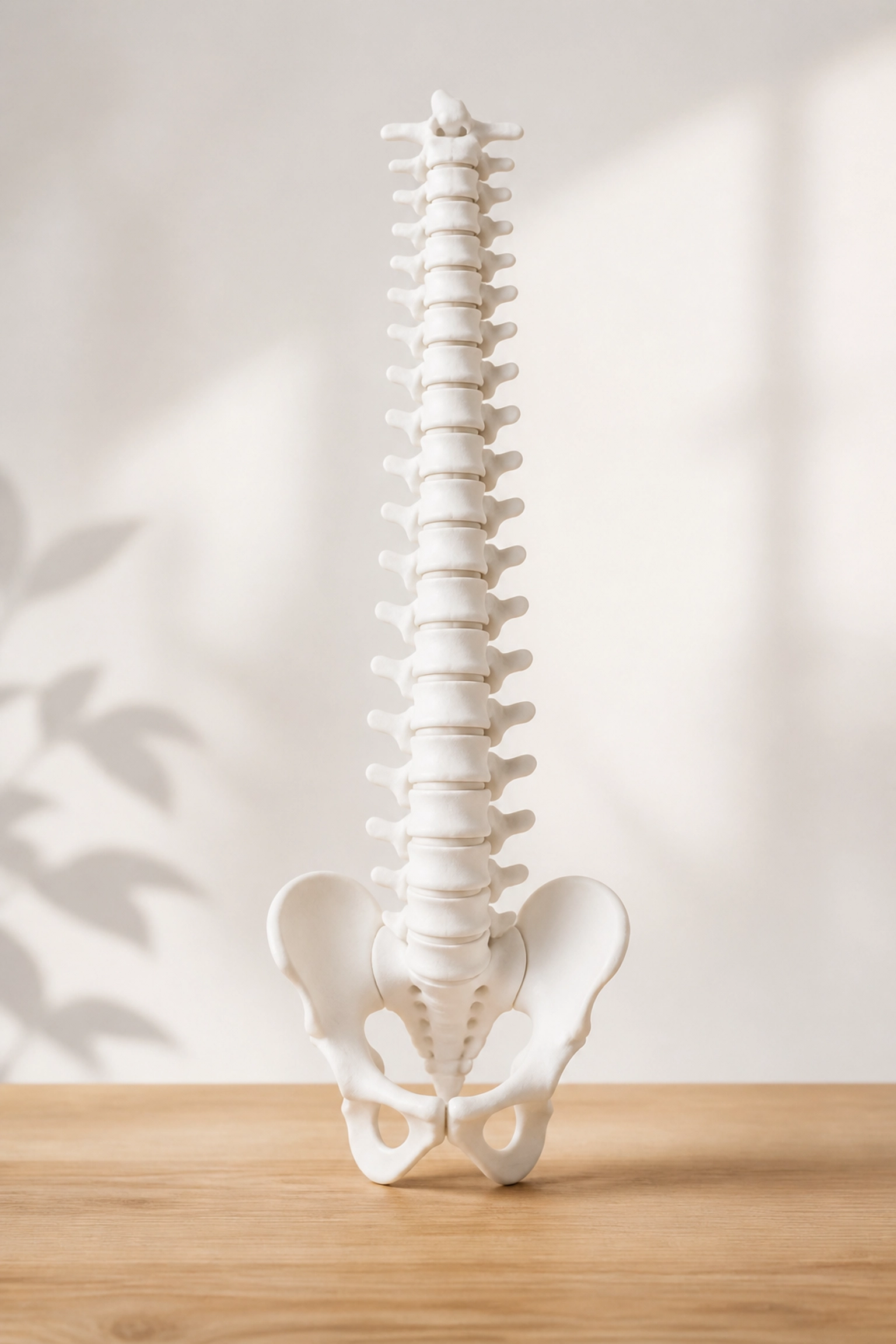 Close-up of a balanced human spine model illustrating body balancing techniques for lasting sciatica pain relief.