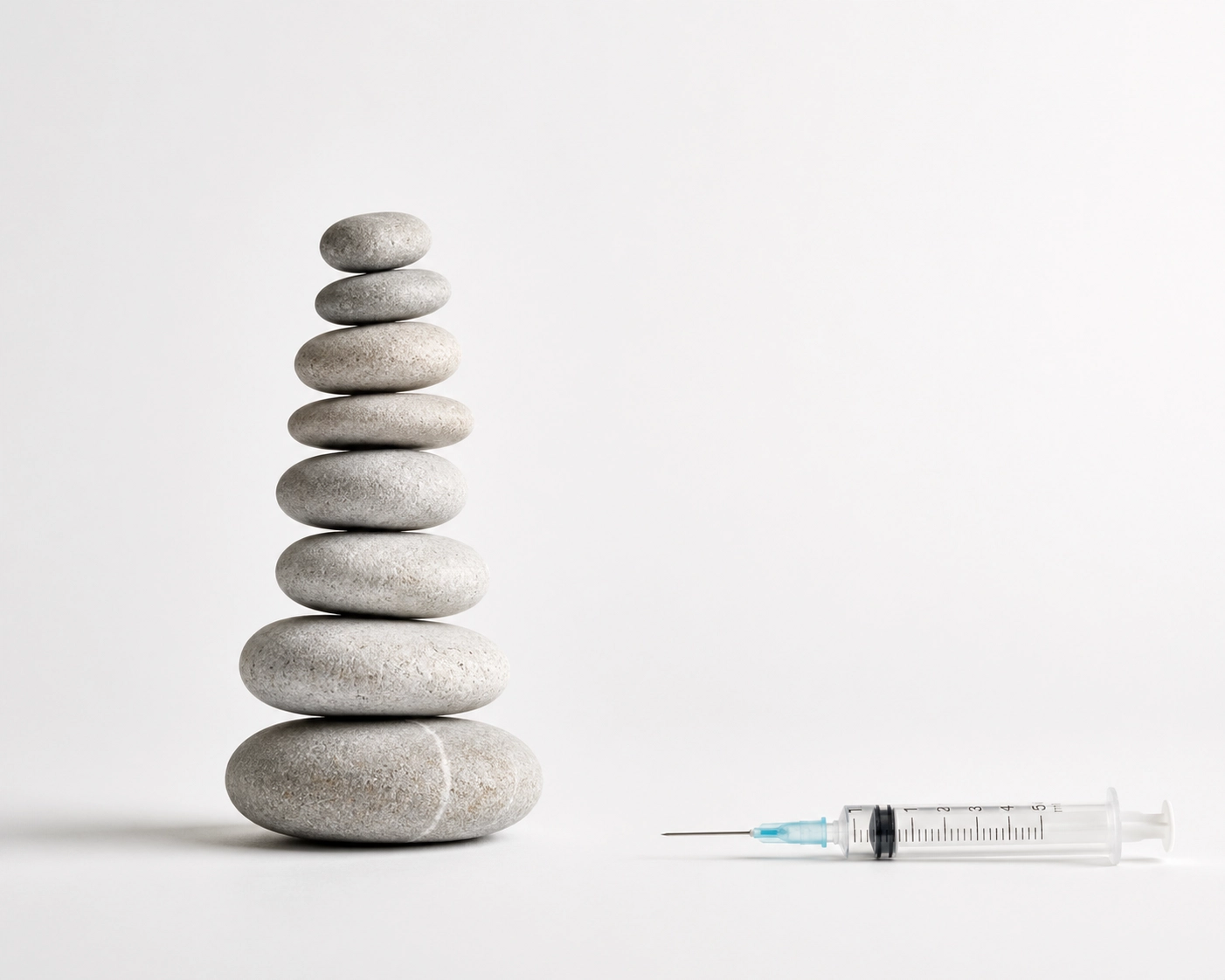 Balanced stones representing spinal alignment next to a sciatica injection syringe for pain relief.