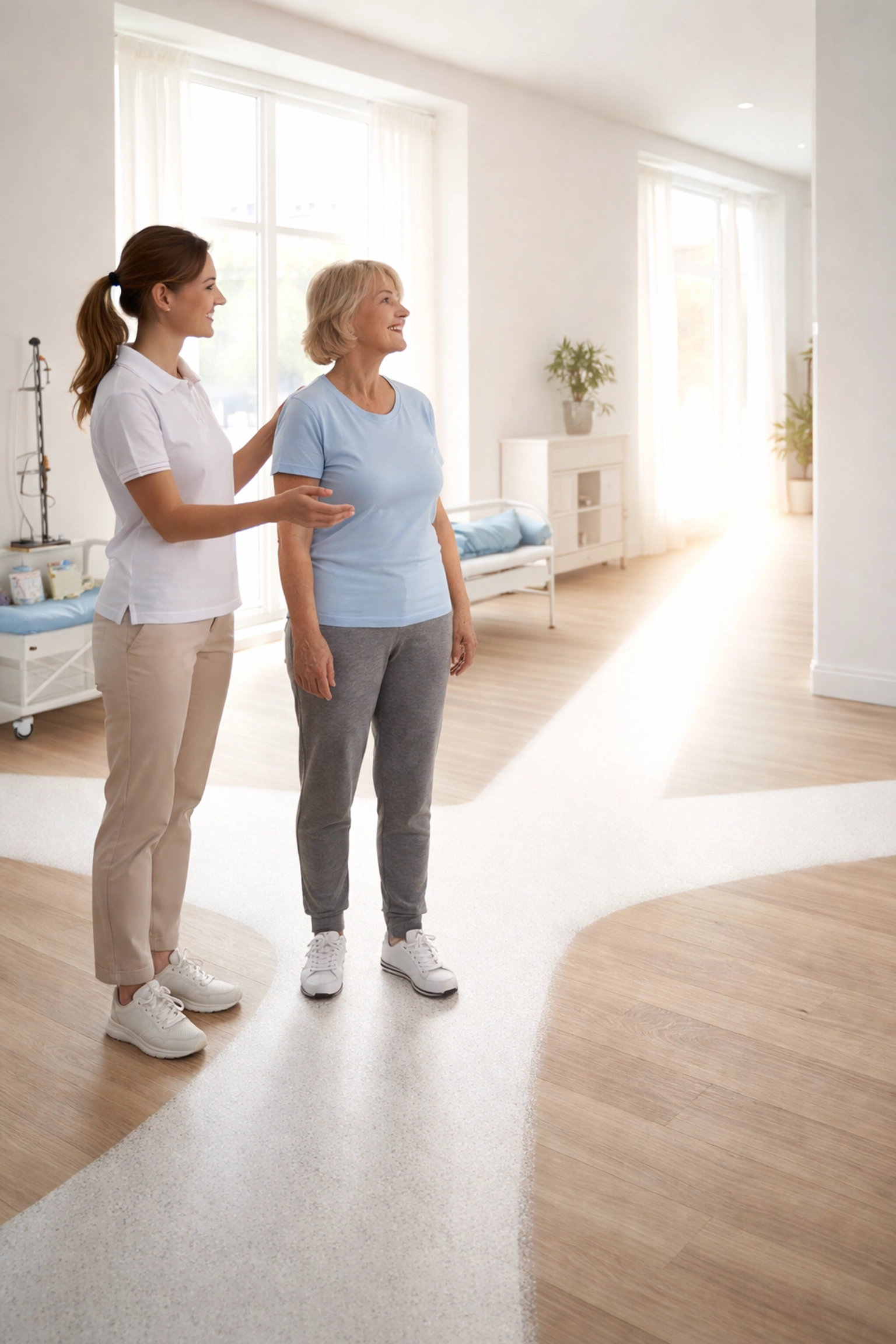 Woman exploring non-surgical sciatica treatment options with physical therapist in bright clinic