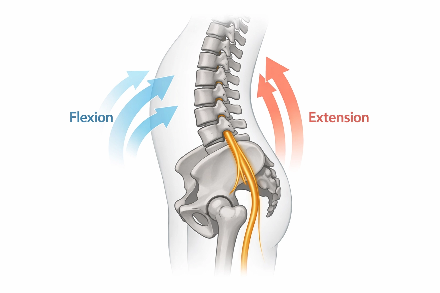 Spinal anatomy diagram showing flexion and extension directional preferences for sciatica relief