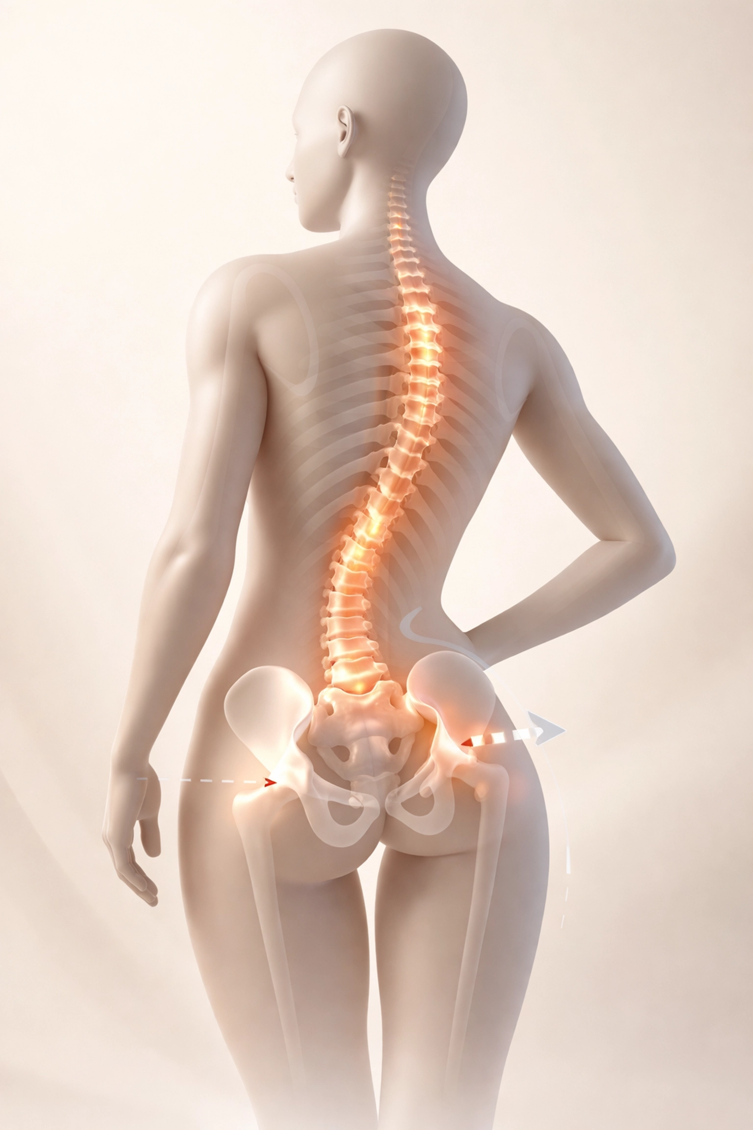 Human body silhouette highlighting sciatica pain from spinal misalignment and body imbalance