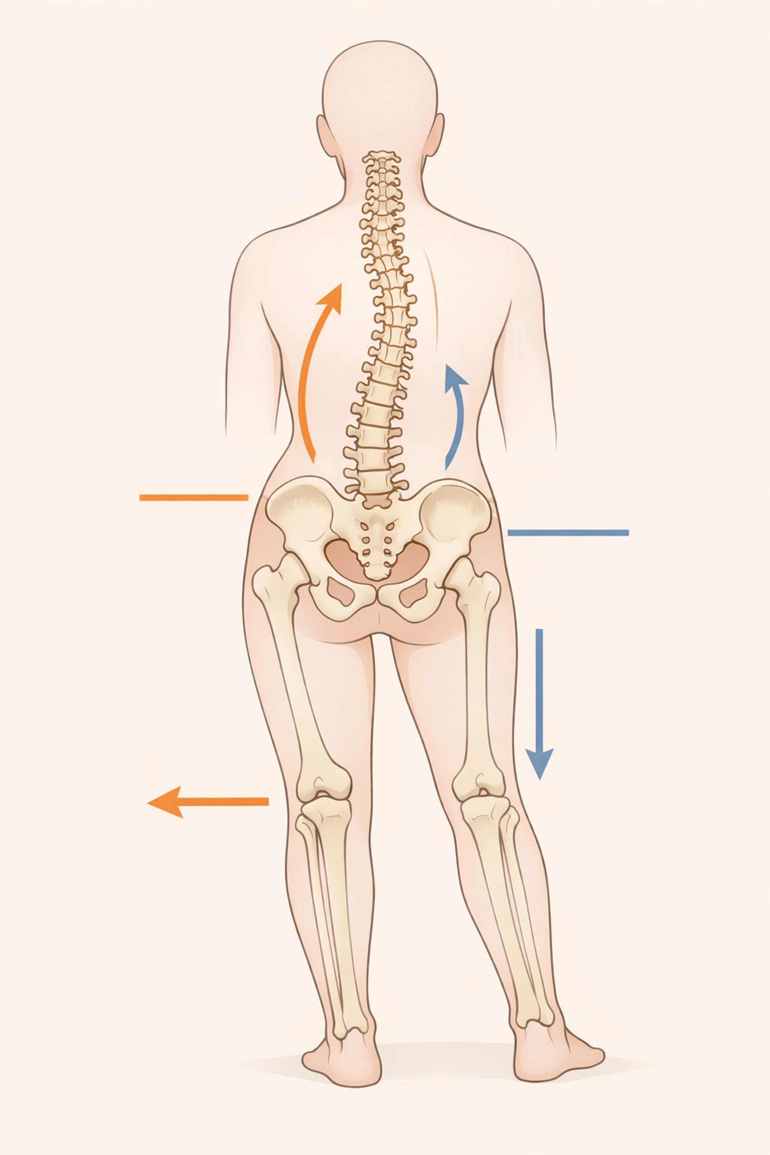Body diagram illustrating muscle imbalances and spine misalignment causing sciatica pain