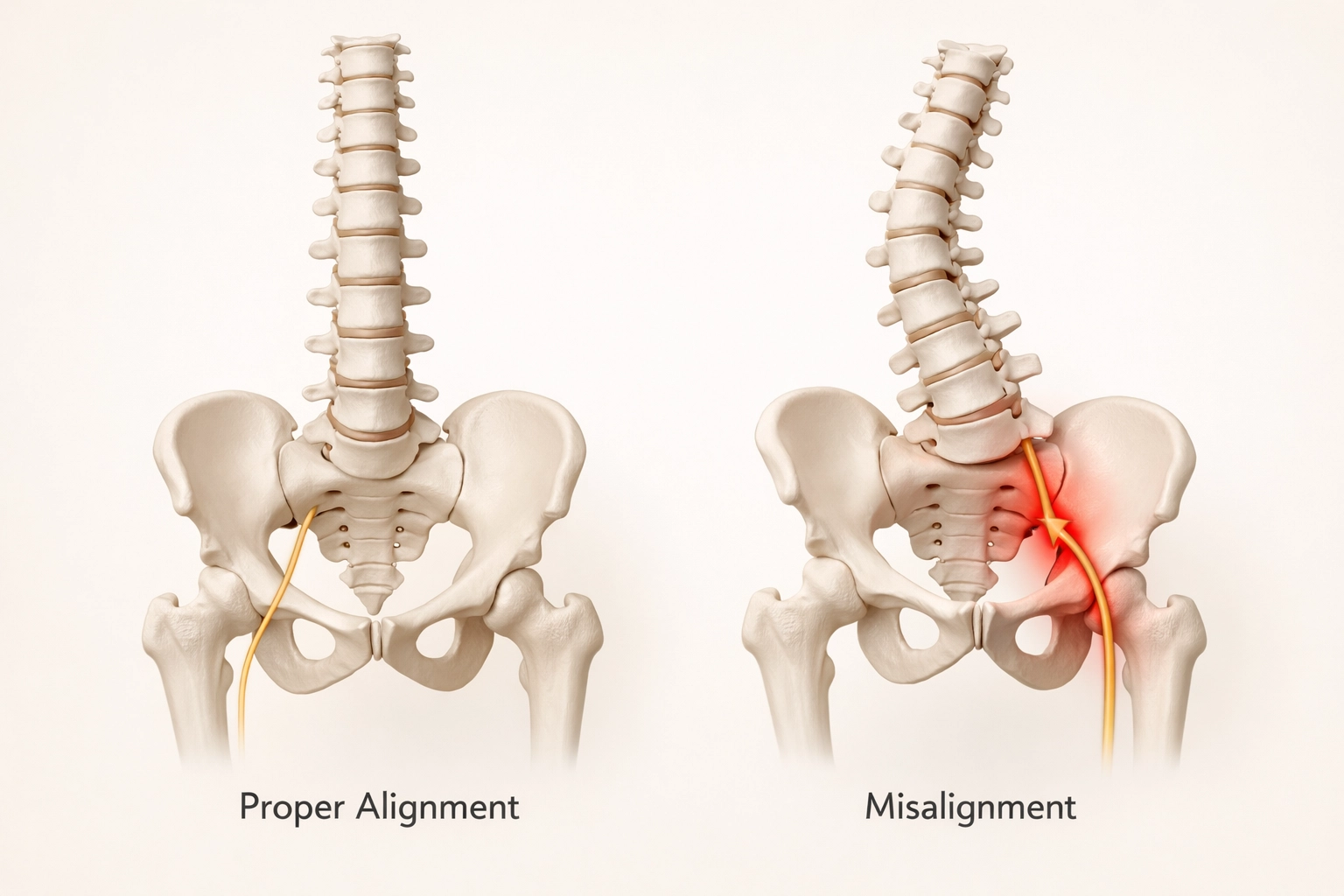 Spine and pelvis alignment showing sciatic nerve compression versus proper balanced position