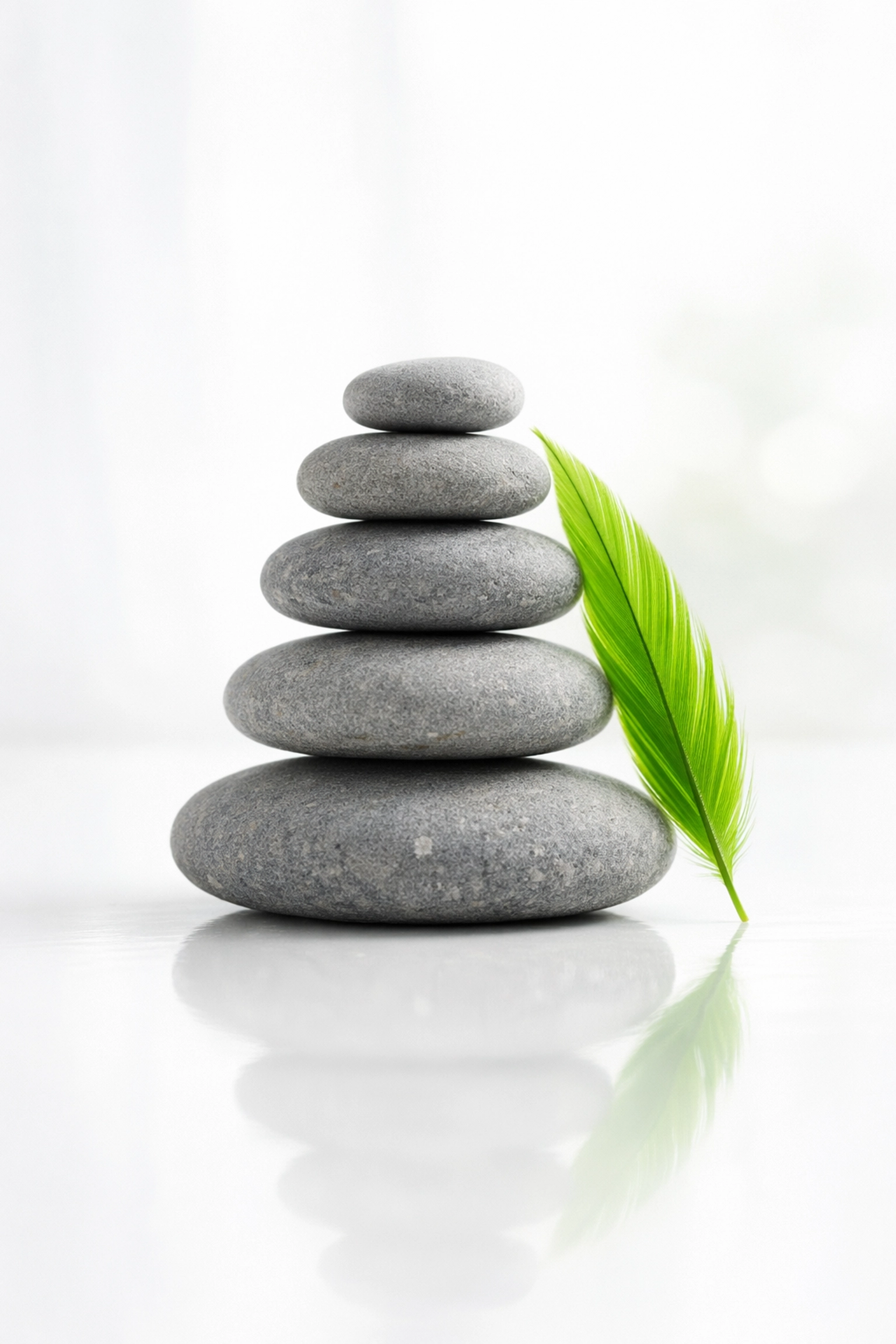 Balanced river stones and a delicate leaf representing nervous system stability and sciatica recovery.