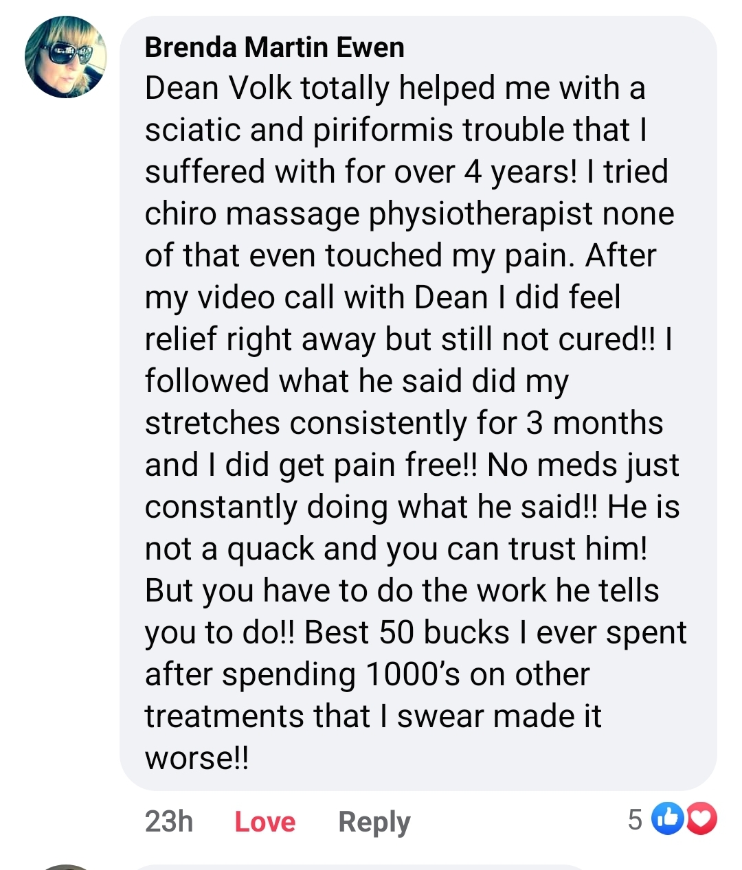 Customer testimonial describing relief from over 4 years of sciatic and piriformis pain after following Sciatica Relief Now's stretching and advice.