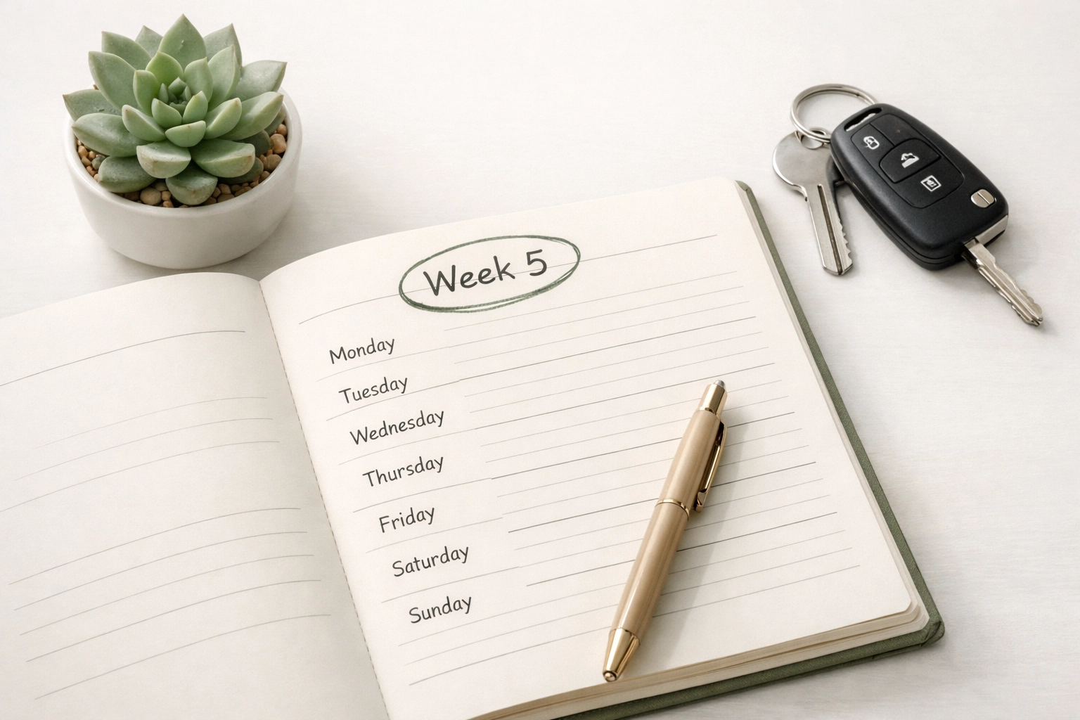 Five-week sciatica treatment timeline marked on calendar with car keys for road trip planning