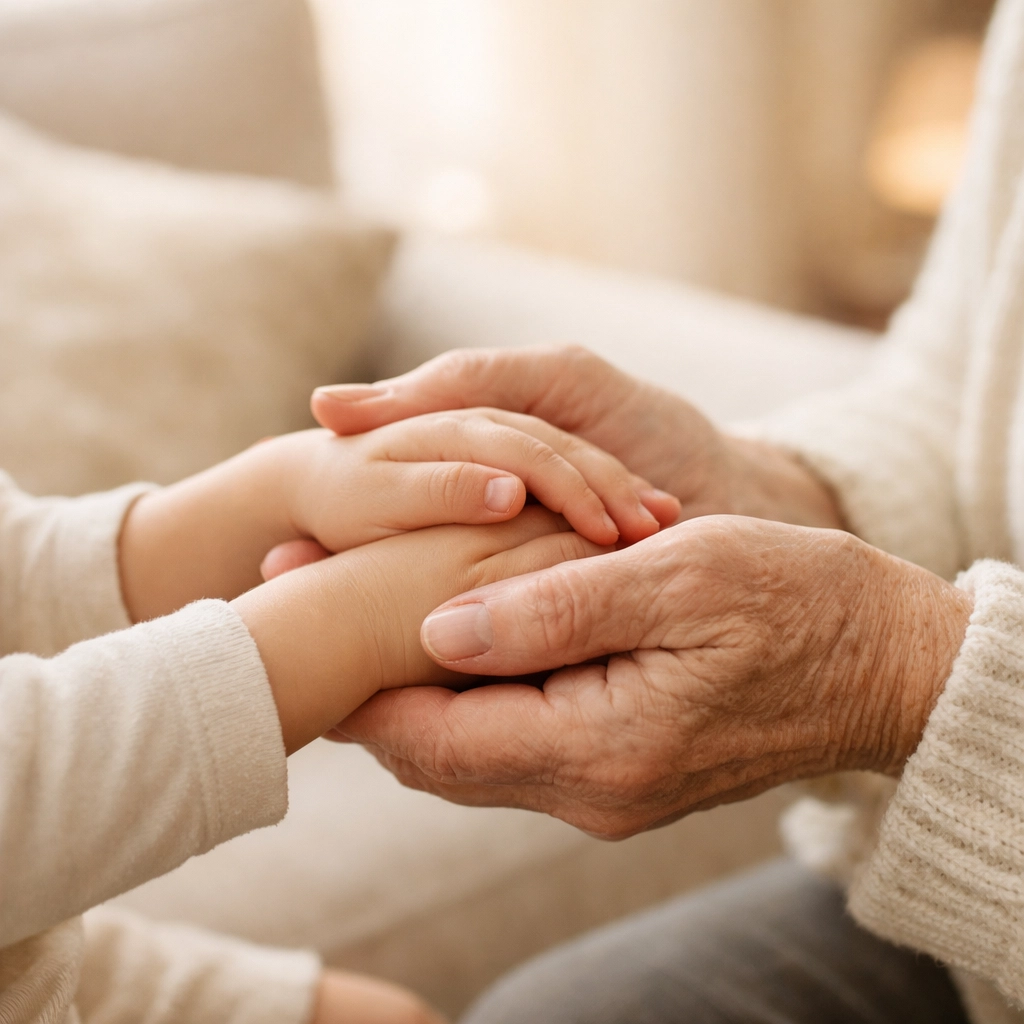 Grandmother holding grandchild's hands representing family moments missed due to sciatica pain