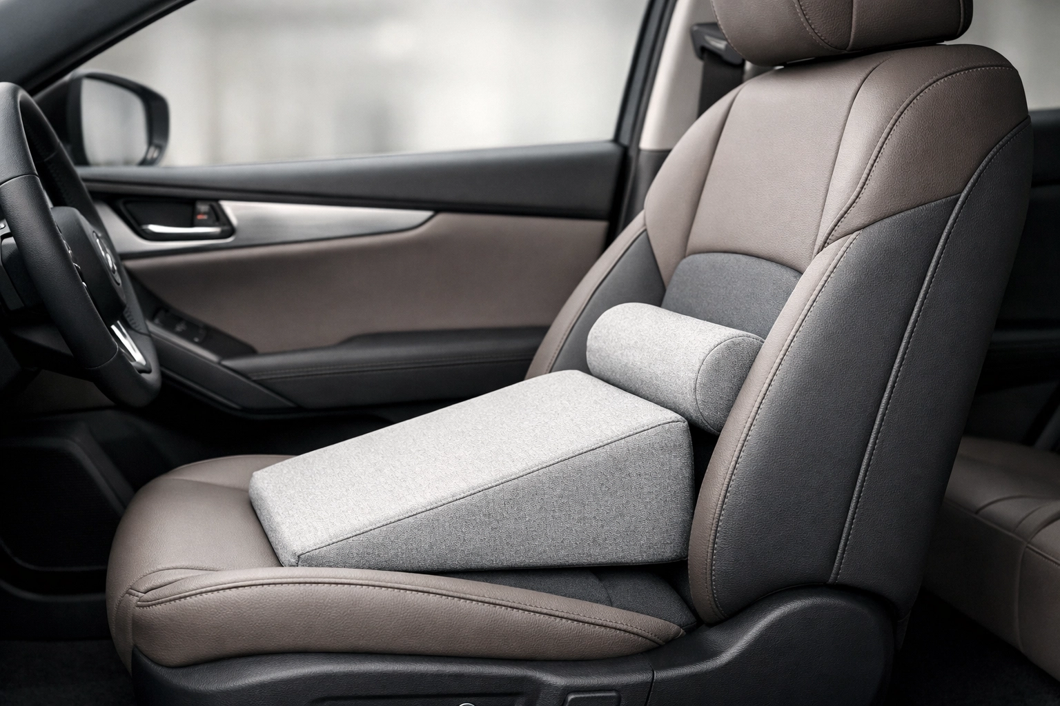 Ergonomic car seat setup for sciatica relief with a wedge cushion and lumbar support to elevate hips.