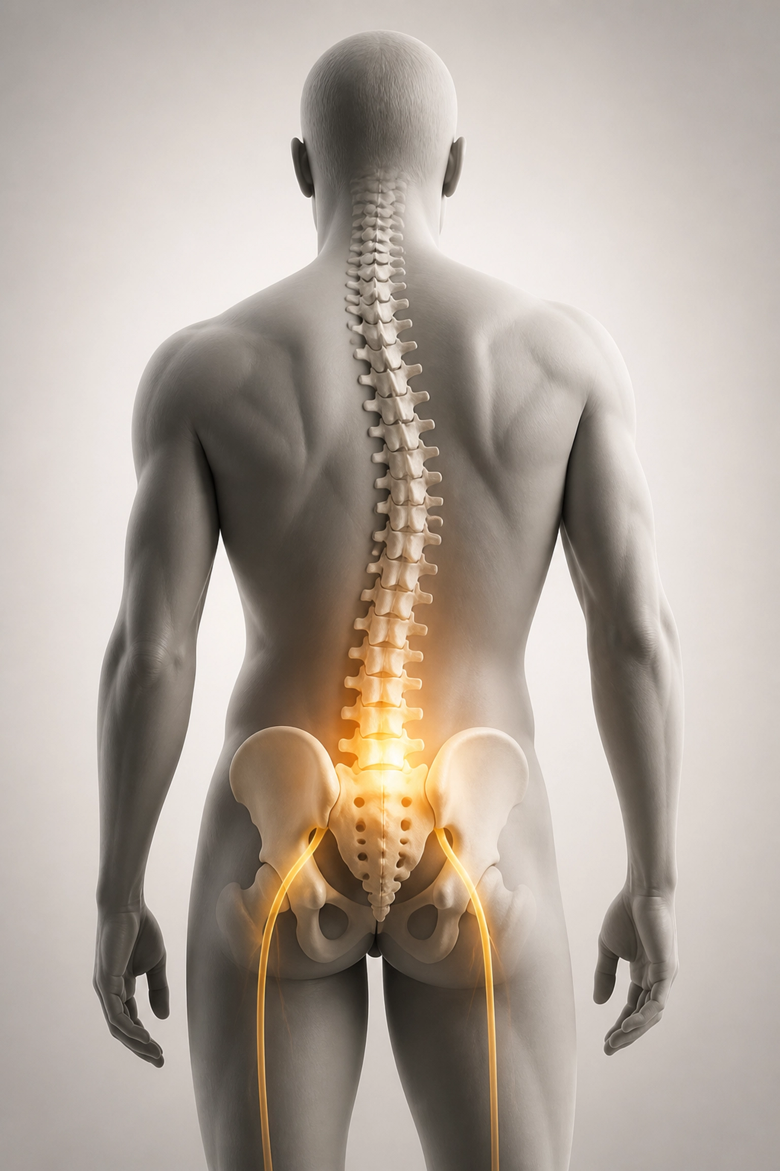 Back view of uneven spine and pelvis with lower back glow showing sciatic nerve pressure