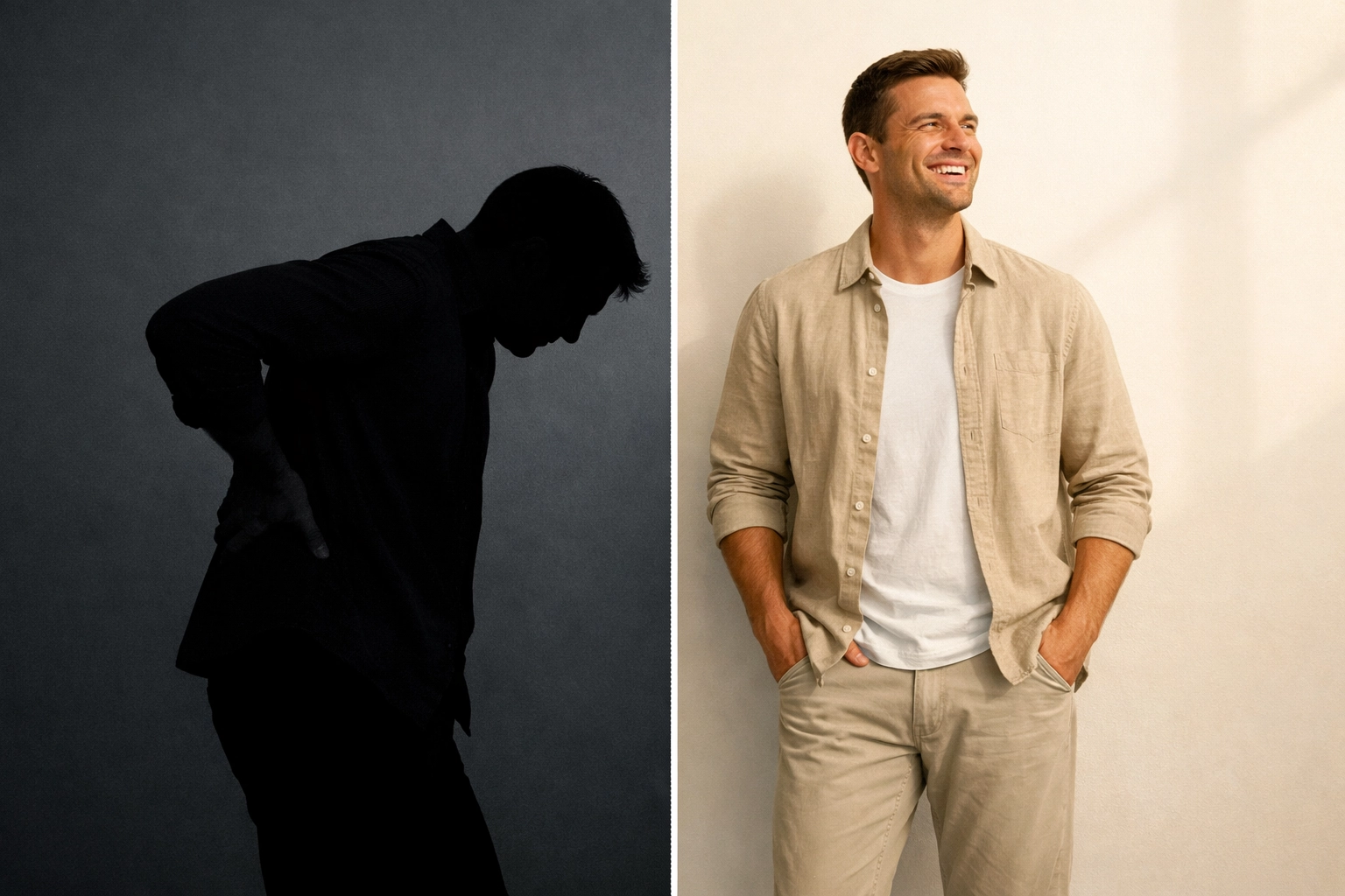 Before and after sciatica relief: person hunched in pain vs standing upright