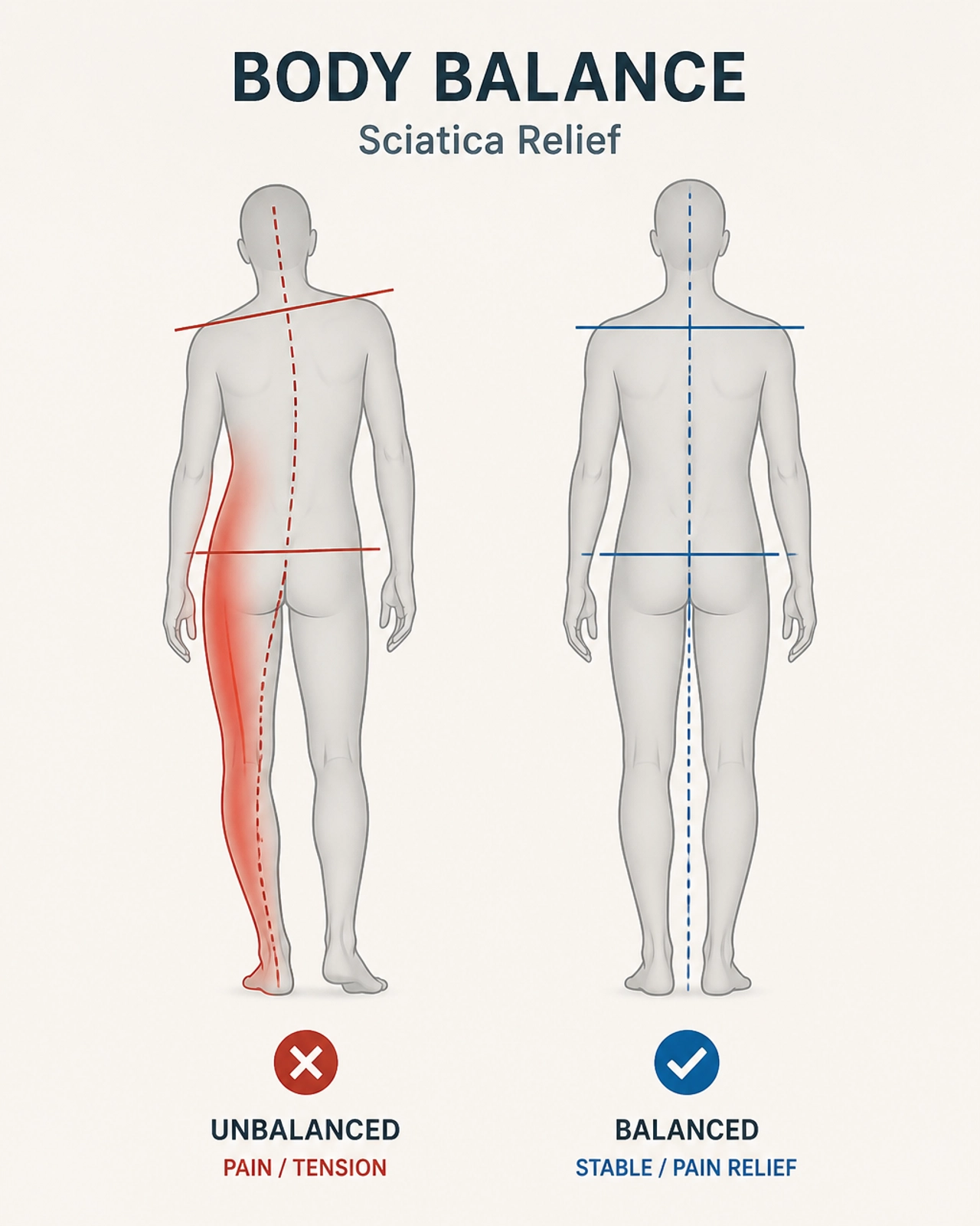 Minimalist diagram showing an unbalanced human silhouette in red vs a balanced, stable silhouette in blue