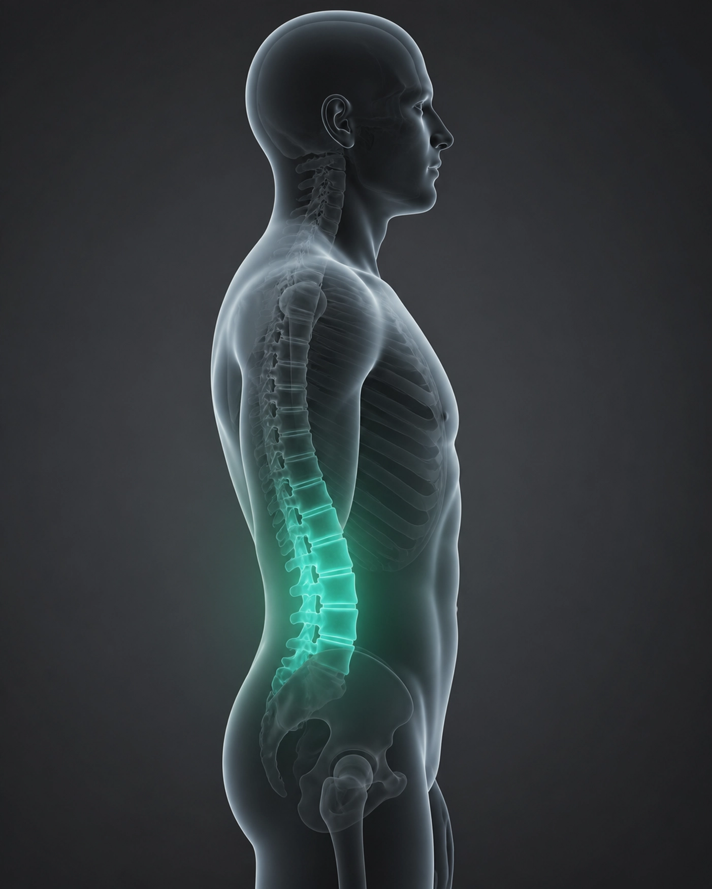 A highlighted lumbar spine showing correct body balance for natural sciatica relief.