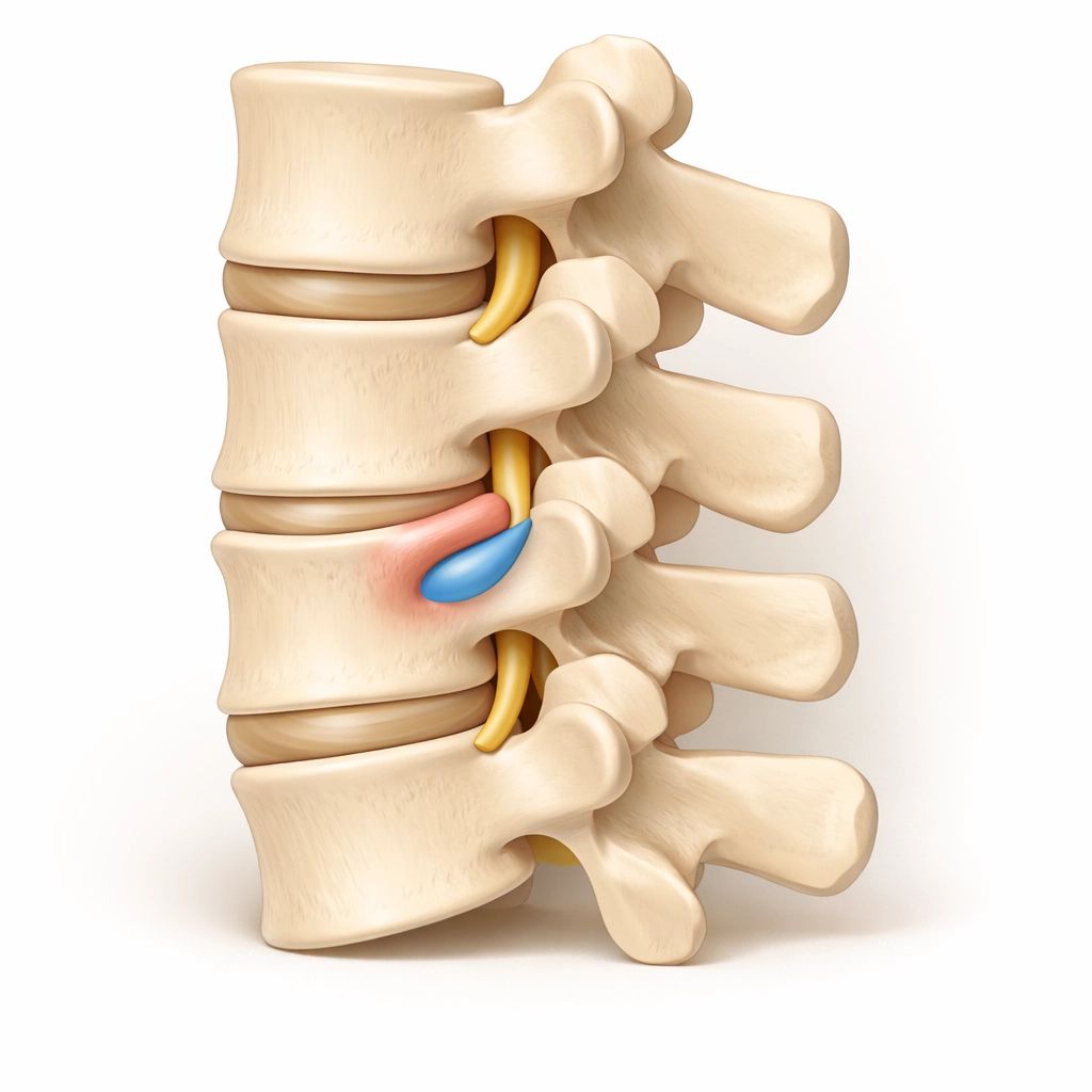 Lumbar spine showing disc bulge at L4-L5 compressing sciatic nerve root